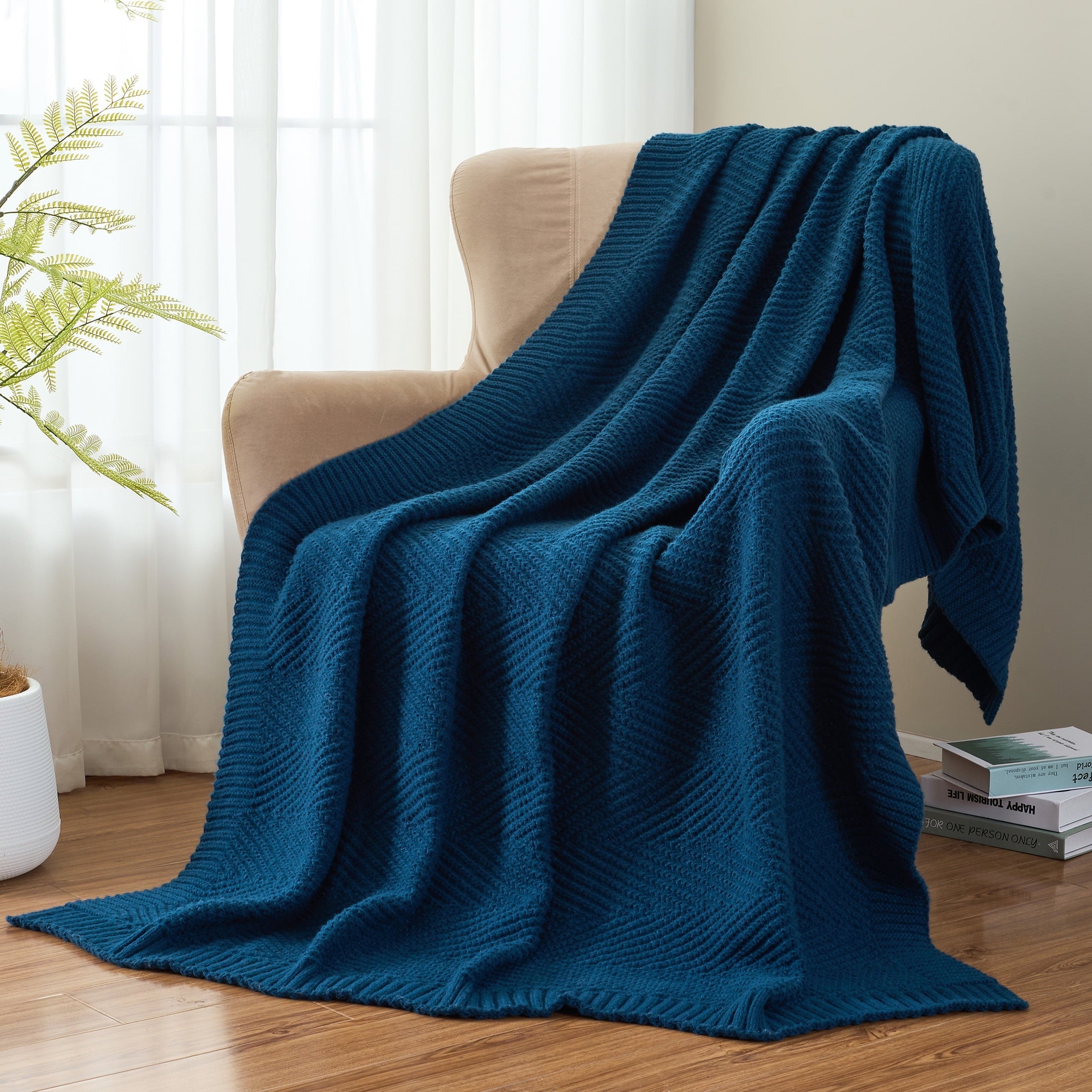 Super Soft Flannel Soft Knitted Throw Blanket 50" x 60" Navy Blue, Boho Chevron Farmhouse Throw for Bed Couch - Cozy Fleece Throw Blanket for Couch & Bed Detail