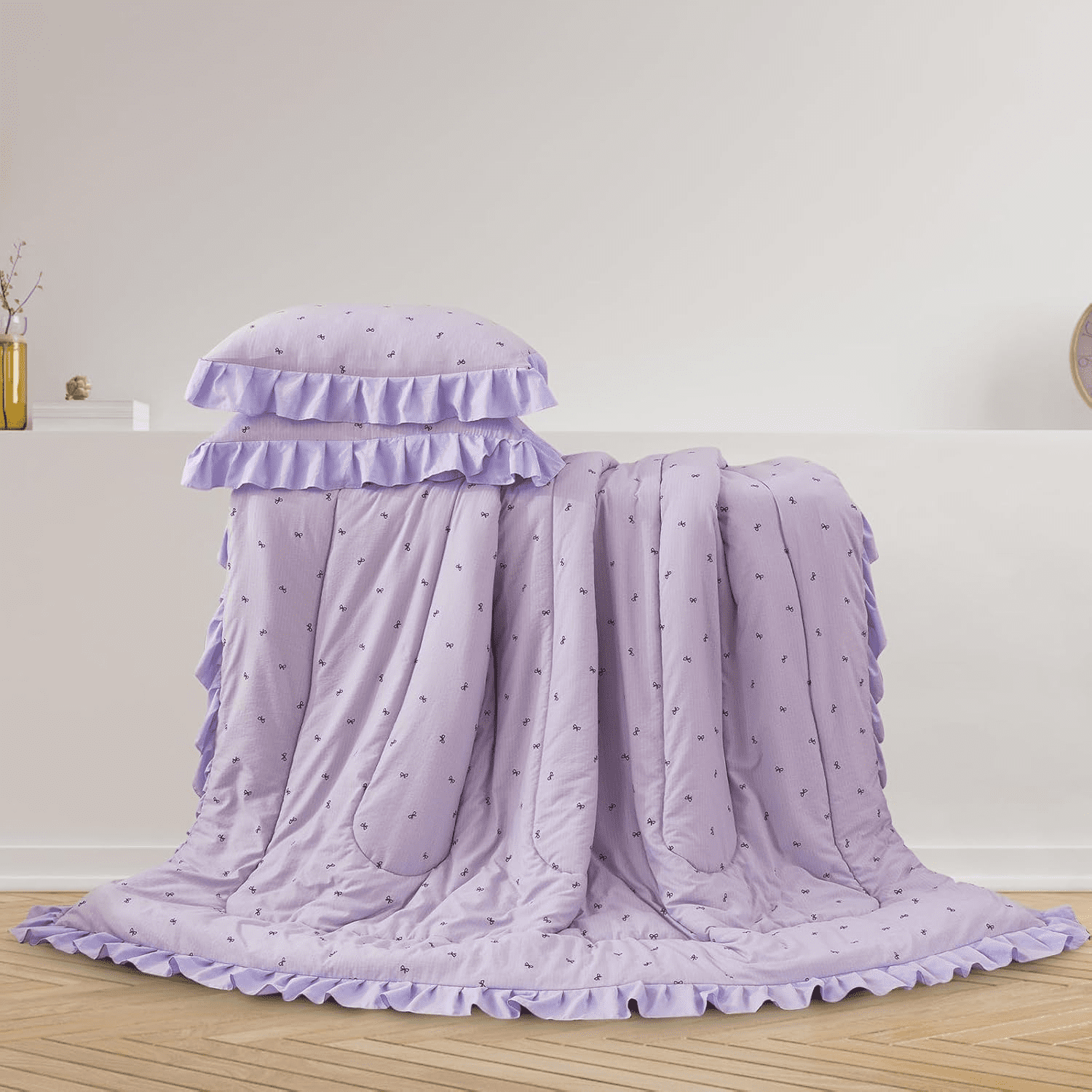 Luxurious Quilted 6 Piece Delicate Bows Purple Bedding Set Ruffle Princess Style Comforter Set Bed in a Bag - Luxurious Quilted Duvet Cover Set Detail