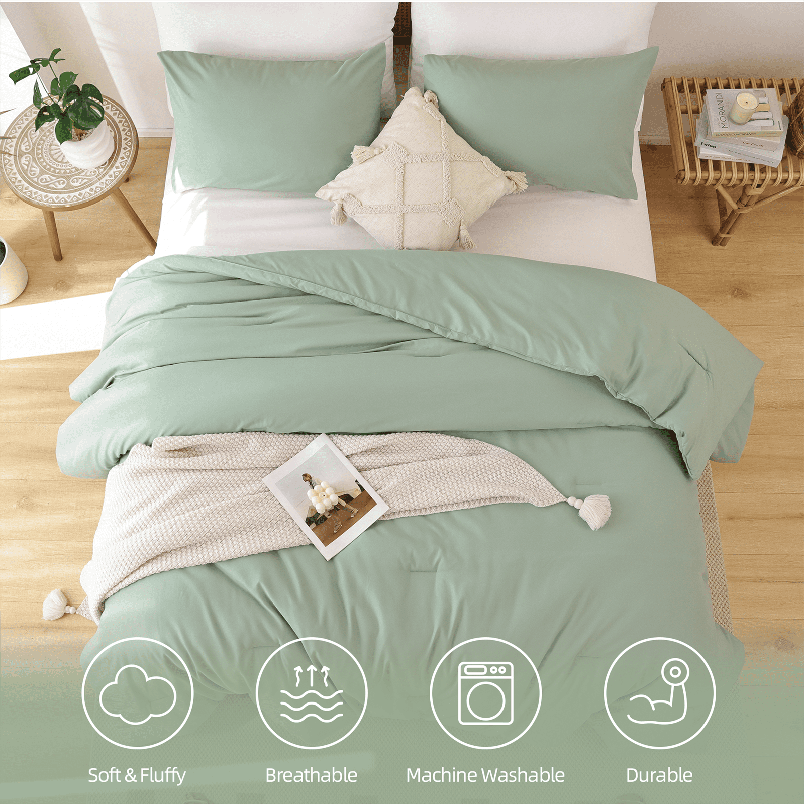 Hypoallergenic Cloud Queen Comforter Set For Adult, 3 Piece Sage Green Comforter Sets & Bedding For All Season - Cloud-Like Soft Lightweight Bed Comforter Detail