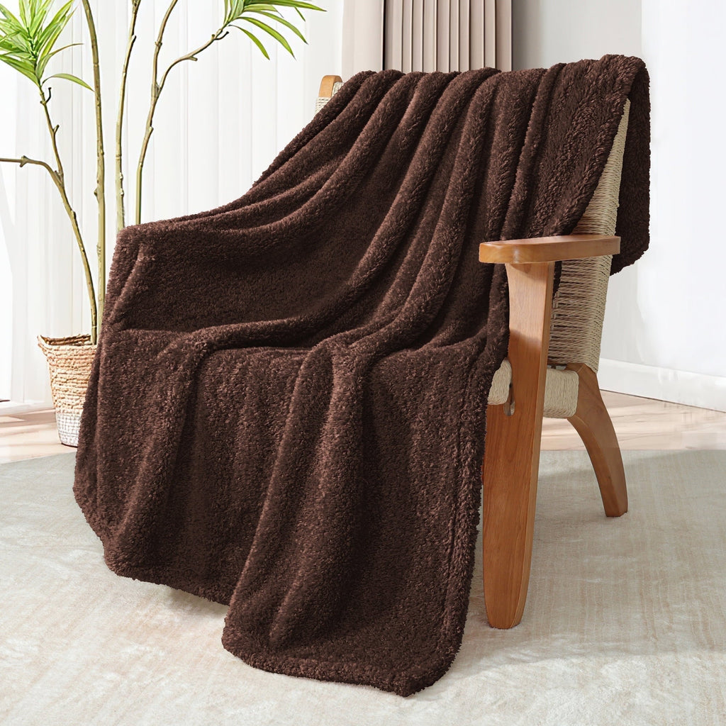 Reversible Sherpa Fuzzy Fleece Throw Blanket for Couch Sofa, Lightweight Fluffy Solid Velvet Blanket, 50x60 Inches, Coffee - Luxury Knitted Decorative Throw Blanket with Fringes Detail