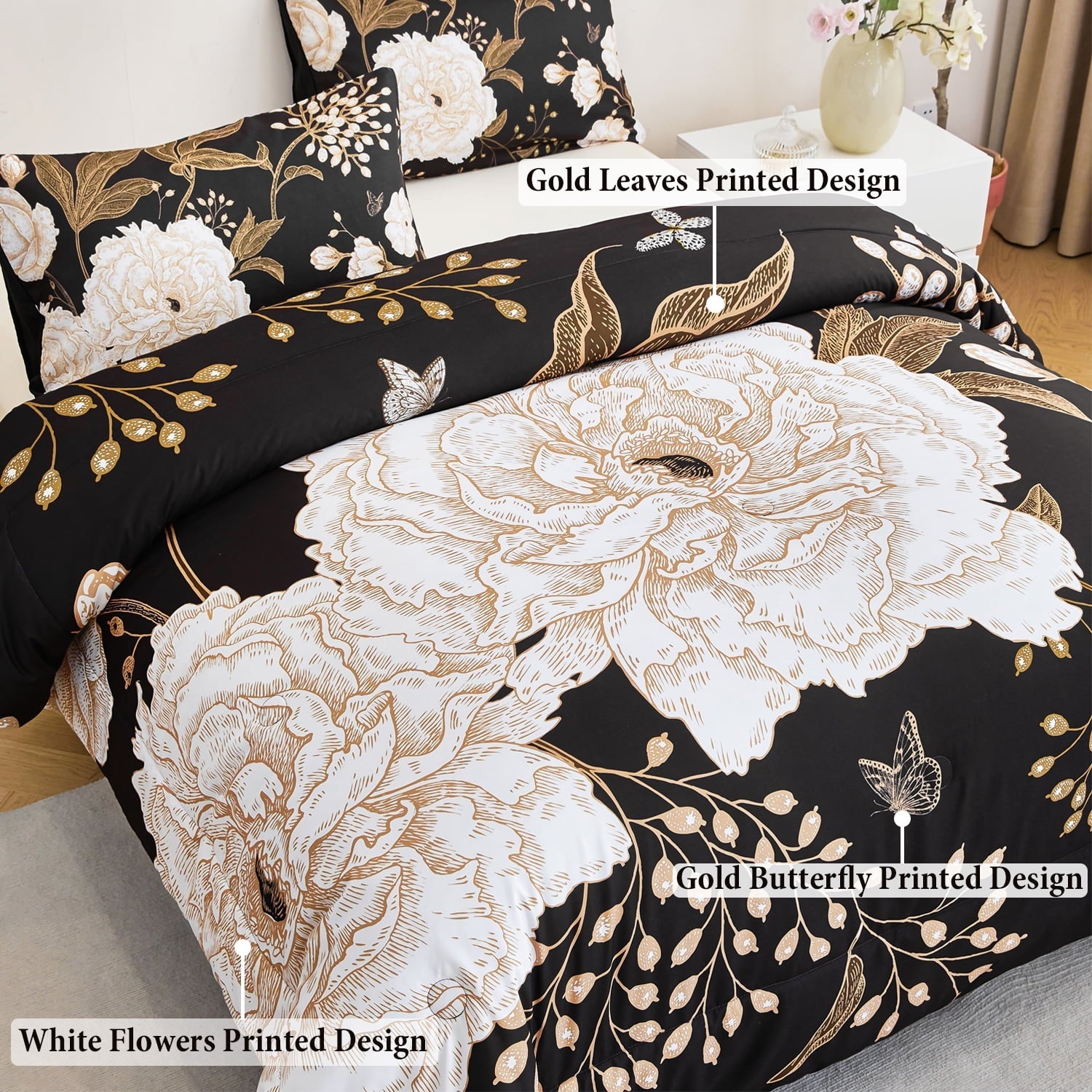All-Season Black Floral Comforter Set Queen, Printed Comforter White Flowers Butterfly Bedding Set, 3 Pieces Botanical Reversibl... - All-Season Down Alternative Comforter Insert Detail
