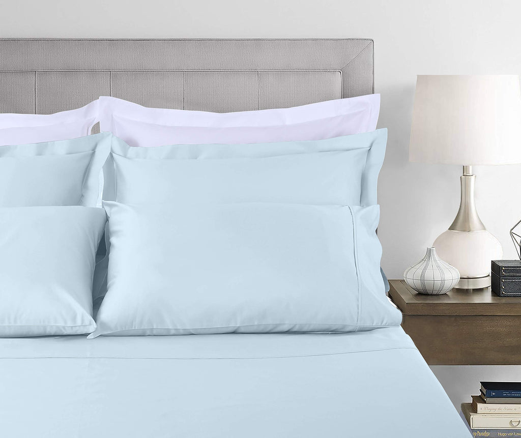 Premium Egyptian Cotton 100% Cotton King Bed Sheets Set - 4-Piece, 300 Thread Count, Lightweight Sateen, Light Blue - Breathable Egyptian Cotton Flat & Fitted Sheets Detail