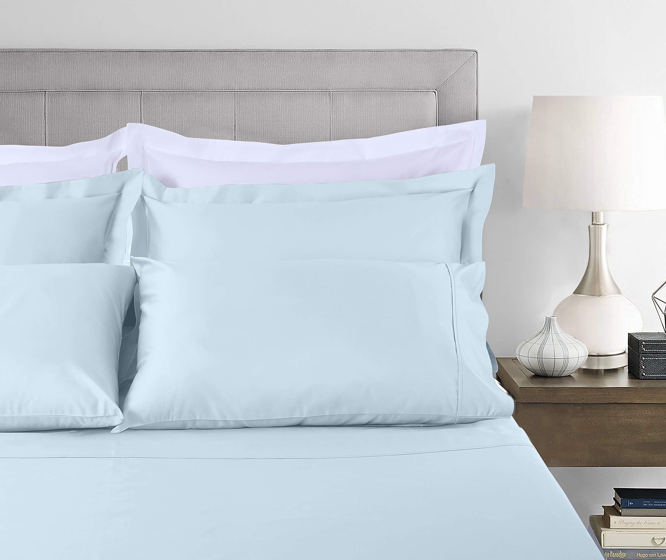 Premium Egyptian Cotton 100% Cotton King Bed Sheets Set - 4-Piece, 300 Thread Count, Lightweight Sateen, Light Blue - Breathable Egyptian Cotton Flat & Fitted Sheets Detail