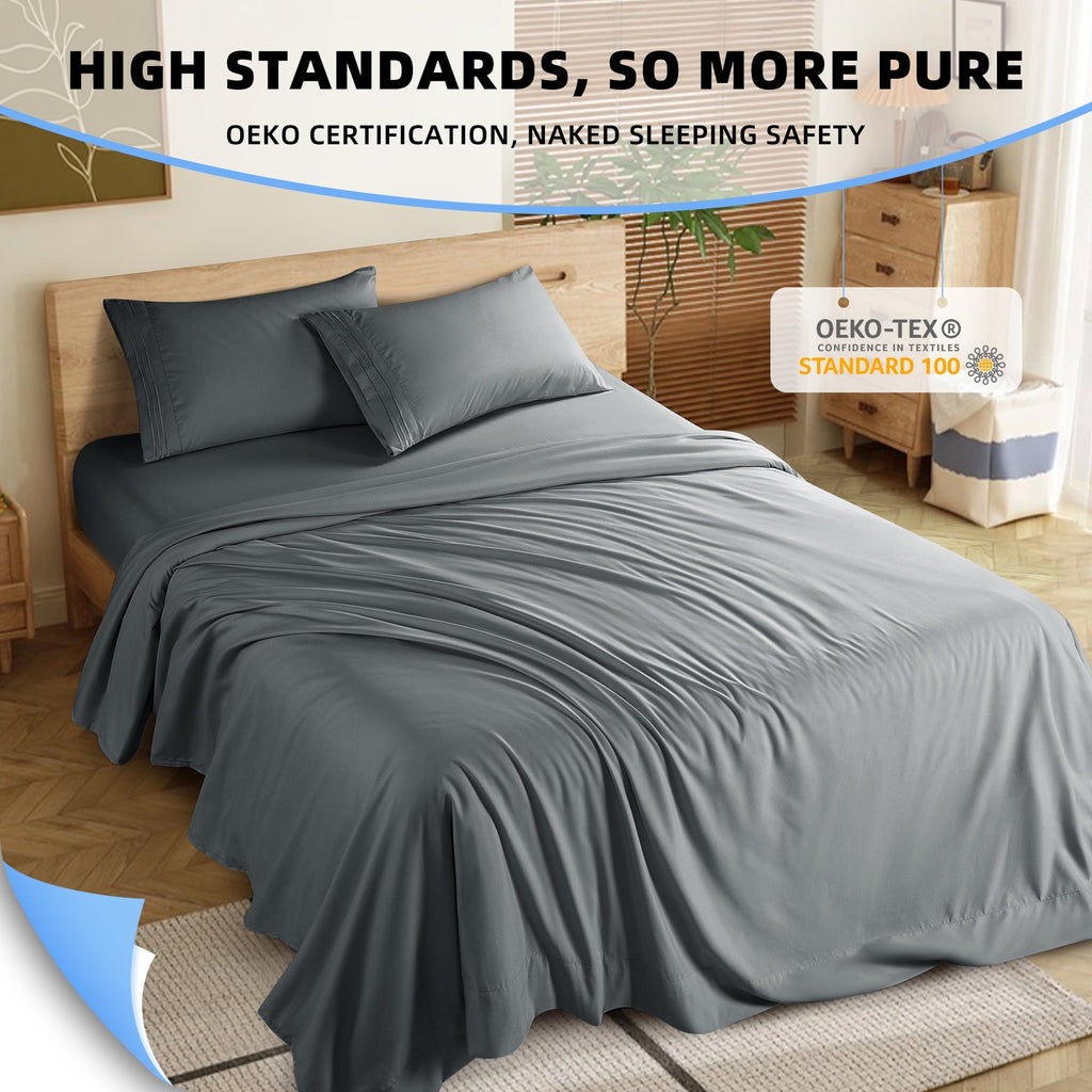 Breathable Luxury Shilucheng 4 Pieces Luxury Bed Sheets Set, Plush Microfiber Bed Sheets, 16" Deep Pocket, Queen, Dark Gray - Luxury Bed Sheet Set with Deep Pockets Detail