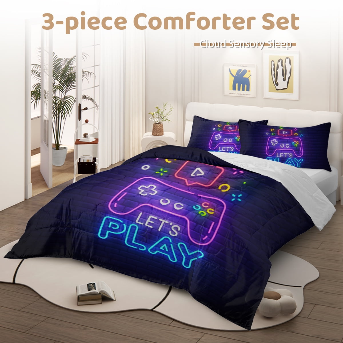 Luxurious Quilted Gaming Comforter Set for Boys, 3-Piece Abstract Neon Kids Bedding Sets Twin Size - All-Season Down Alternative Comforter Insert Detail