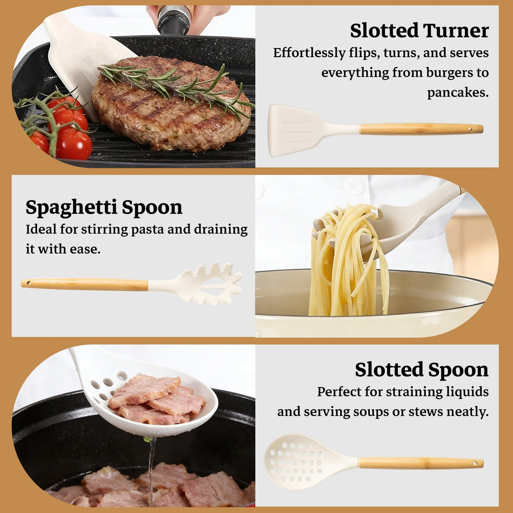 Ergonomic Cooking 14-Piece Silicone Cooking Utensils Set, Non-Stick Kitchen Utensil Set for Baking, Flipping, Mixing, White - Durable Turner & Ladle Utensil Set for Home Chefs Detail