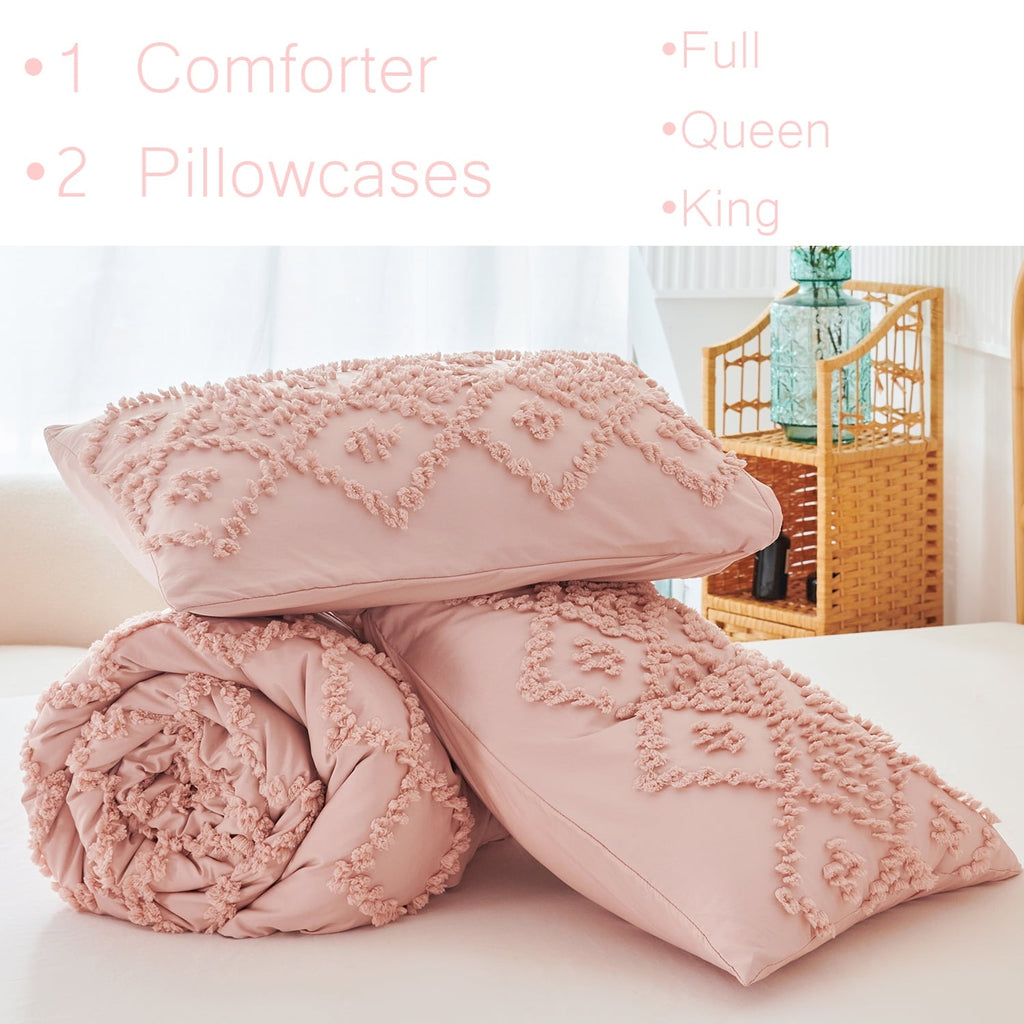 Heavyweight Warmth Pink Diamond Jacquard Comforter Set Queen 3 Pcs Bohemian Tufts Quilt Set for Kids Girls Adult 100% Soft Microfiber Be... - Hypoallergenic Ultra-Fluffy Quilt for Winter Detail