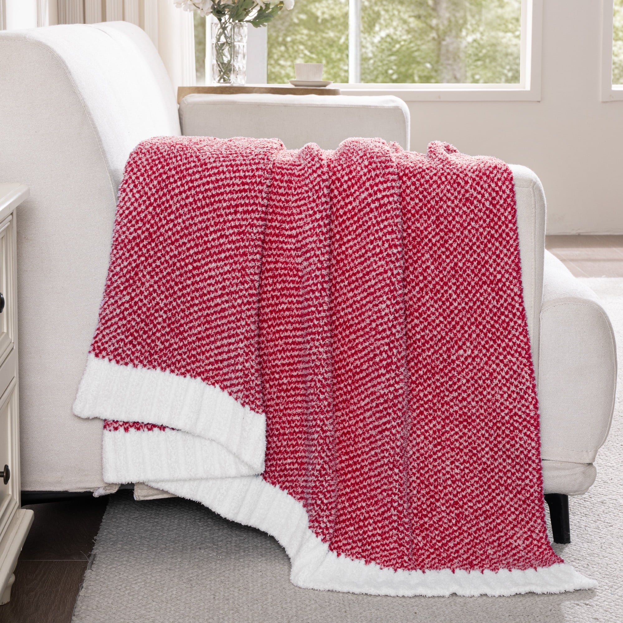 Super Soft Flannel Knit Throw Blanket, Ultra Soft Cozy Fluffy Blankets, Lightweight Fuzzy Plush Throw for Couch and Bed, Mixed Red, 50"x60" - Super Soft Reversible Sherpa Flannel Blanket Detail