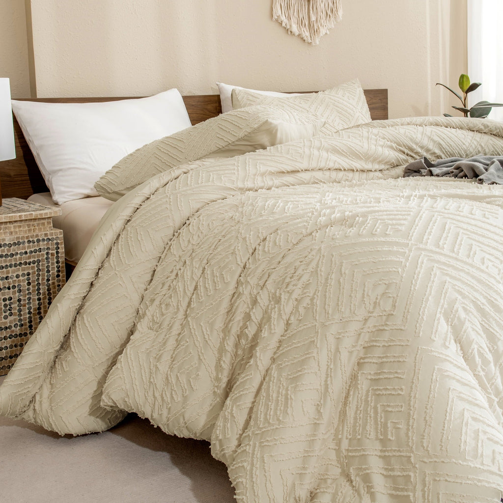 All-Season King Size Comforter Sets Beige - 3 Pieces Cream Boho Bedding Comforter Set for King Bed - Soft Fluffy Tufted Textured... - All-Season Down Alternative Comforter Insert Detail