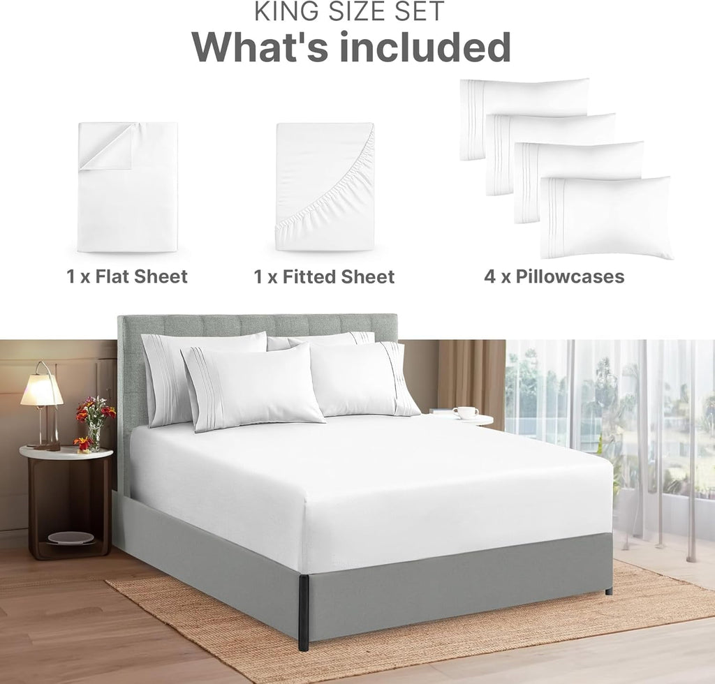 Premium Egyptian Cotton 6-Piece Extra Deep Pocket Sheet Set With Extra Matching Pillowcases - King Size Bed Sheets Fits 18"-24" Ma... - Breathable Egyptian Cotton Flat & Fitted Sheets Detail