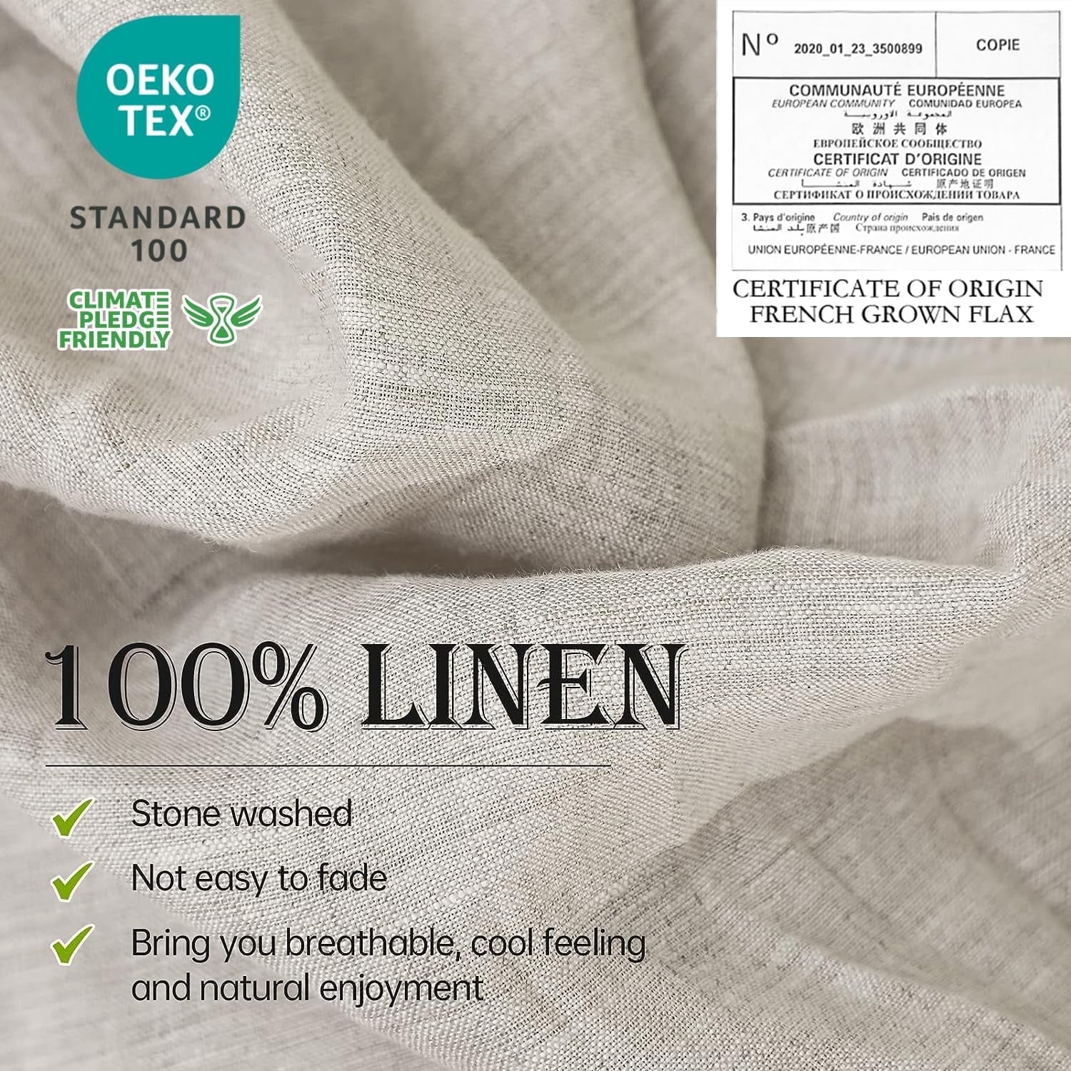 Cooling Sateen 100% Linen Sheet Set Solid Color-4 Pcs Washed French Linen Bed Sheets(1 Flat Sheet,1 Fitted Sheet,2 Pillowcases)-Brea... - Premium Ultra-Soft Pillowcase Pair for Sleeping Detail