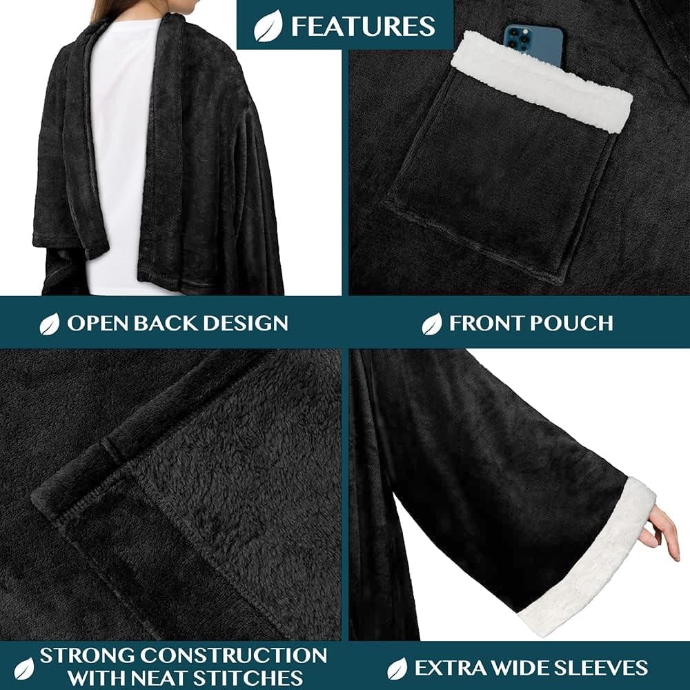 Super Soft Flannel Fleece Blanket with Sleeves for Women Men Adults, Wearable Blanket Warm Soft Plush, Snuggle Pocket Sleeved TV Throw W... - Cozy Fleece Throw Blanket for Couch & Bed Detail