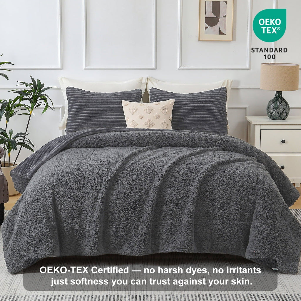 Fluffy Down Alternative 3 Piece Fleece Queen Comforter Set - Soft & Warm Fluffy Dark Gray Sherpa Bedding , Fuzzy Heavy Double Sided Design Wi... - Luxurious Quilted Duvet Cover Set Detail