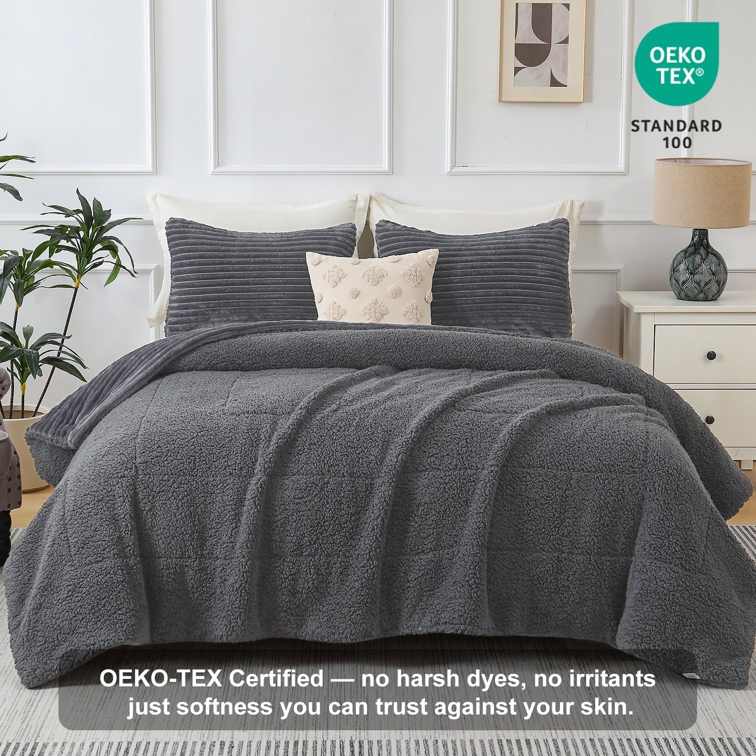 Fluffy Down Alternative 3 Piece Fleece Queen Comforter Set - Soft & Warm Fluffy Dark Gray Sherpa Bedding , Fuzzy Heavy Double Sided Design Wi... - Luxurious Quilted Duvet Cover Set Detail