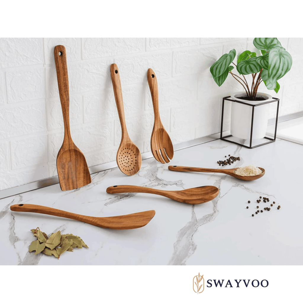 Heat-Resistant Wooden Spoons for Cooking, 6-Piece 100% Natural Teak Wooden Utensils for Cooking — Heat Resistant, Non-Stick ... - Ergonomic Kitchen Tongs and Cooking Spoon Utensil Detail