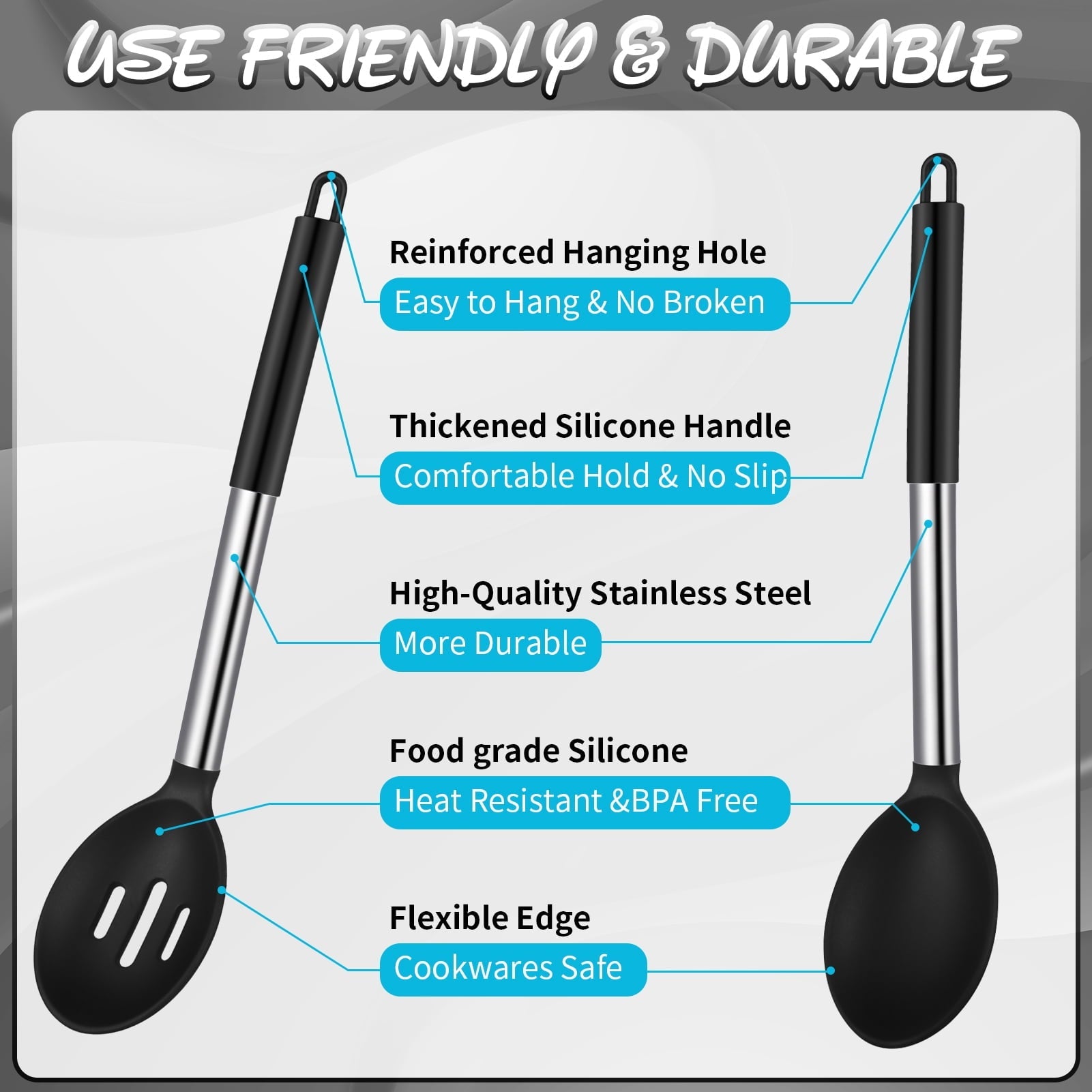 Heat-Resistant Silicone Cooking Spatulas and Spoons, 4 Pack Heat Resistant Silicone Cooking Utensils Set, Non-stick Large Ki... - Durable Turner & Ladle Utensil Set for Home Chefs Detail