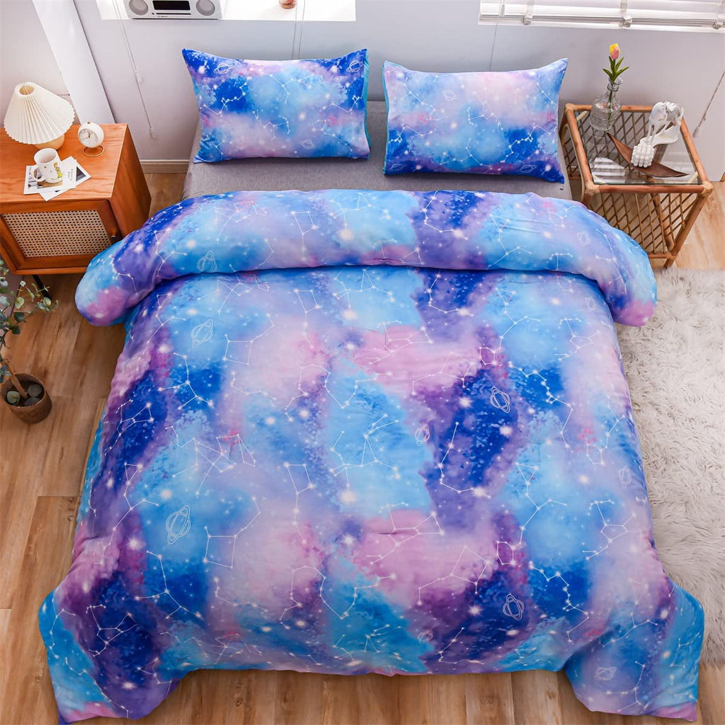 Fluffy Down Alternative Tie Dye Constellation Ombre Comforter Set Twin Gradient Galaxy Bedding Set Blue Purple - Hypoallergenic Ultra-Fluffy Quilt for Winter Detail