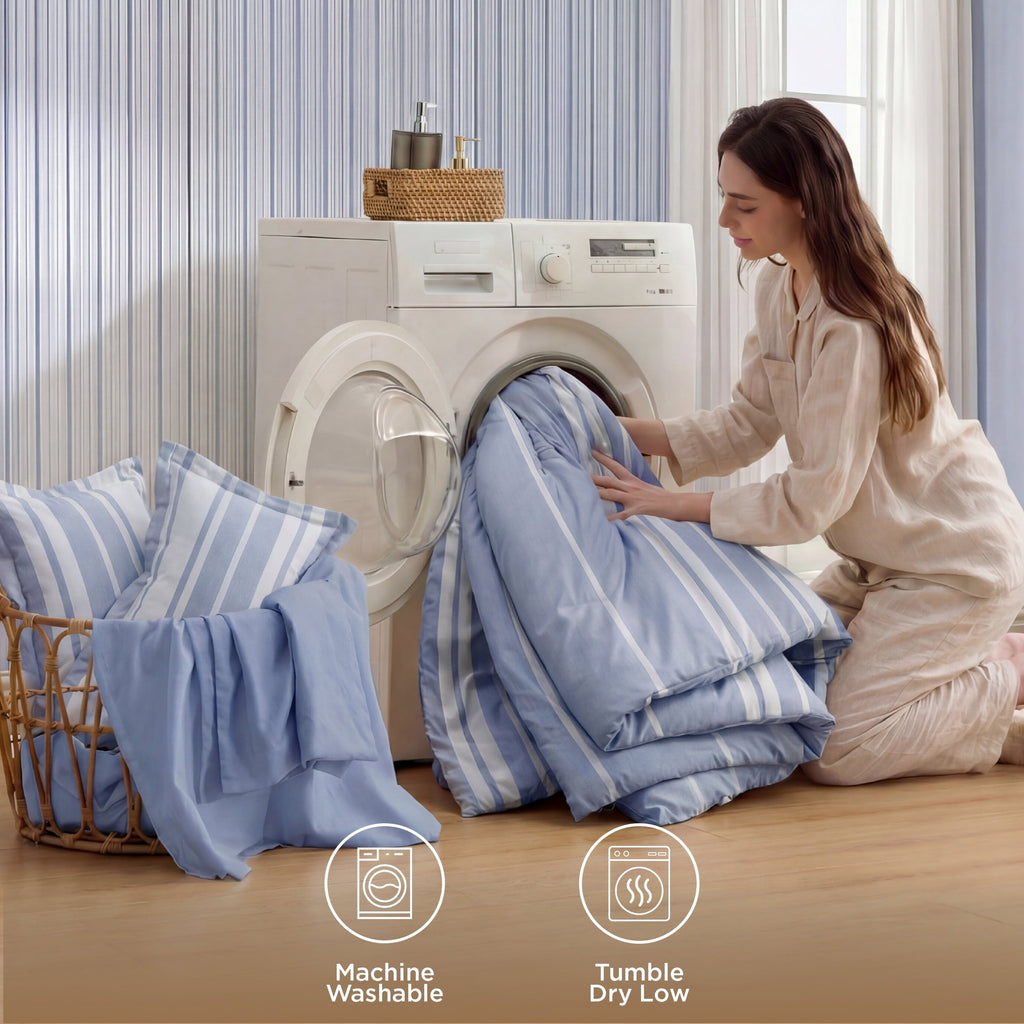 Luxurious Quilted Queen Comforter Set Blue, Bed in a Bag Queen Size Bedding 7-Pieces, Striped Bedding Set for All Seasons - Hypoallergenic Ultra-Fluffy Quilt for Winter Detail