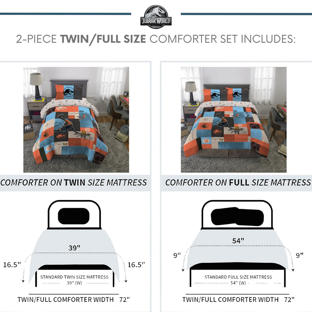 Luxurious Quilted Kids 2 Piece Blue Orange Reversible Dinosaur Comforter and Pillowcase set, Twin/full - Luxurious Quilted Duvet Cover Set Detail