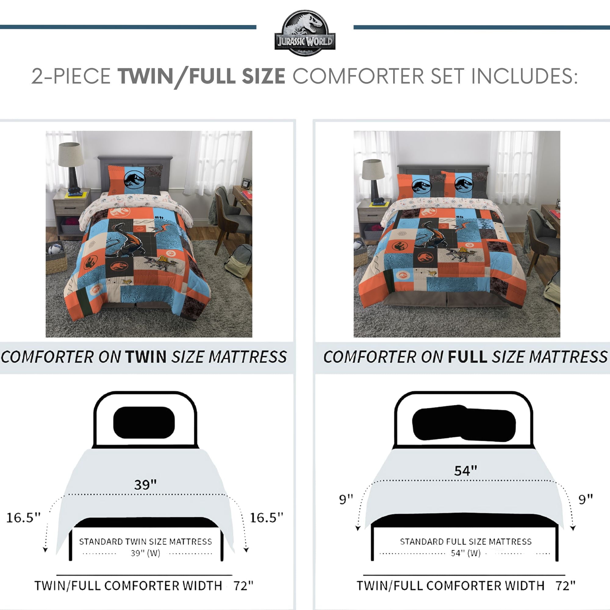 Luxurious Quilted Kids 2 Piece Blue Orange Reversible Dinosaur Comforter and Pillowcase set, Twin/full - Luxurious Quilted Duvet Cover Set Detail
