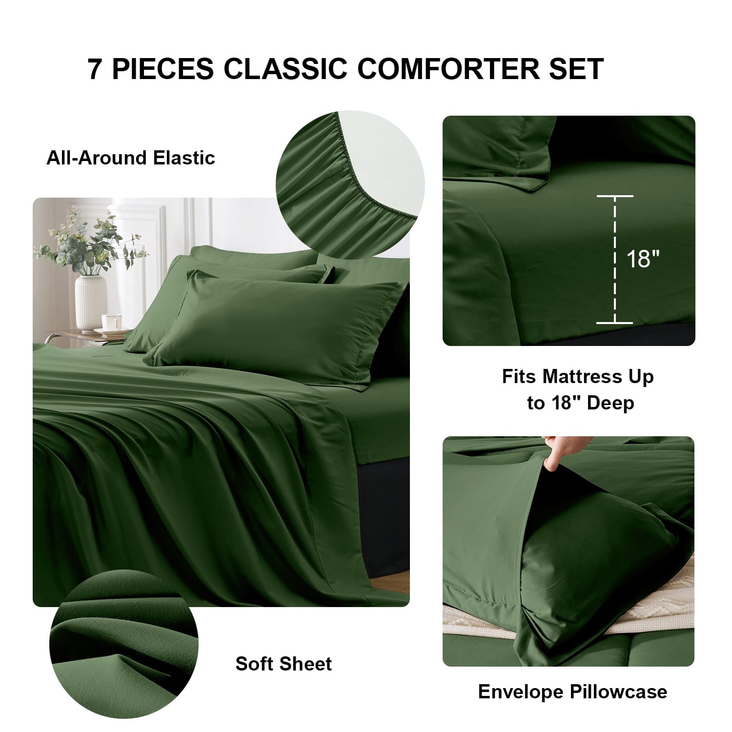 All-Season Queen Comforter Set Forest Green Bed in a Bag Queen Size 7 Pieces Soft Bed Set Lightweight Microfiber Green Bedding C... - Cloud-Like Soft Lightweight Bed Comforter Detail