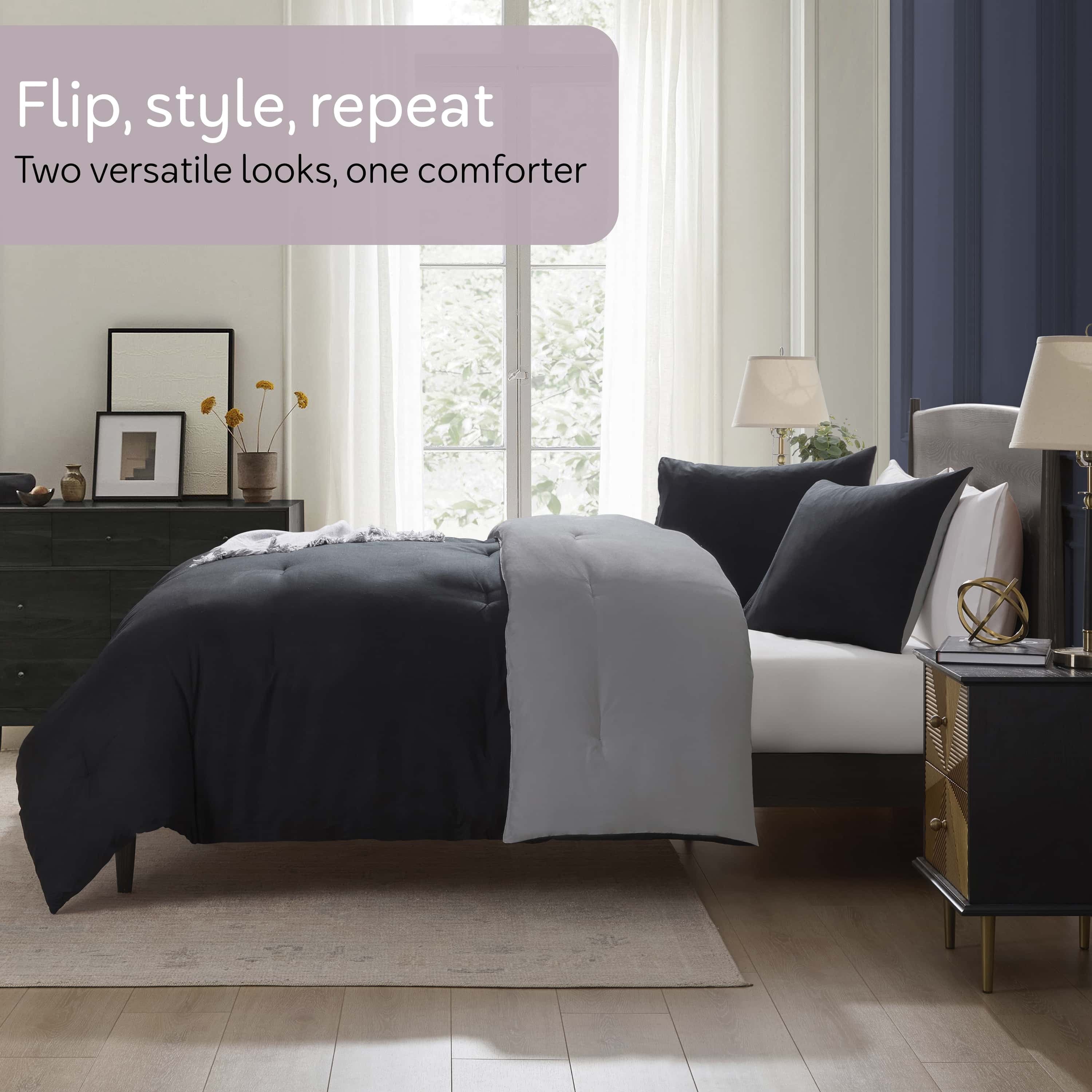 Heavyweight Warmth Comforter Sets, All Season Lightweight Reversible Queen Comforter Set, 3-Pc Bedding Sets, Black/Charcoal gray - Cloud-Like Soft Lightweight Bed Comforter Detail