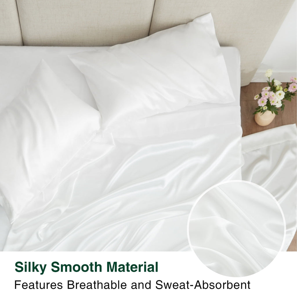 Wrinkle-Resistant Satin Sheets Full Sheet Set Deep Pocket Luxury Silky Bed Sheets for Hair and Skin 4 Pieces, White - Cooling Hotel Quality Bedding Sheets and Pillowcases Detail