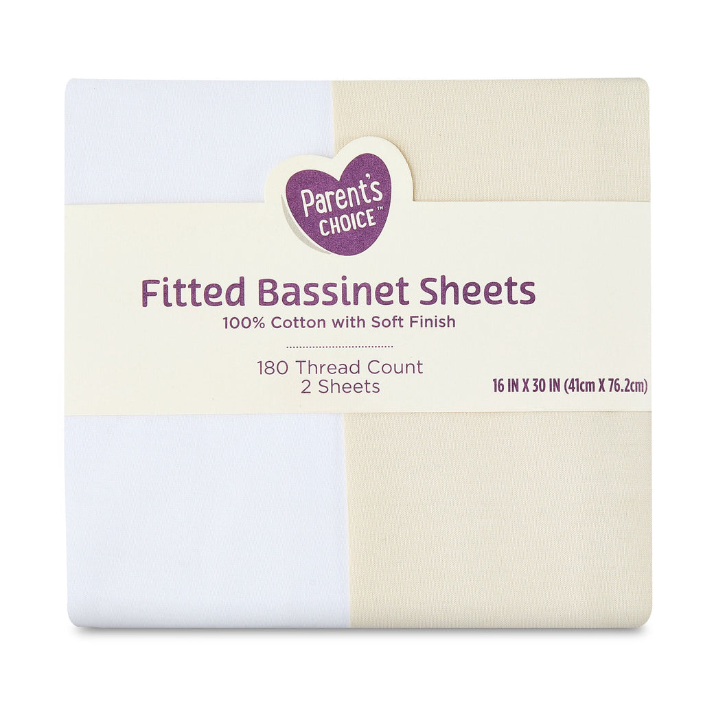 Breathable Luxury 180 Thread Count White and Birch Cotton Fitted Bassinet Sheets, 2 Pack - Luxury Bed Sheet Set with Deep Pockets Detail