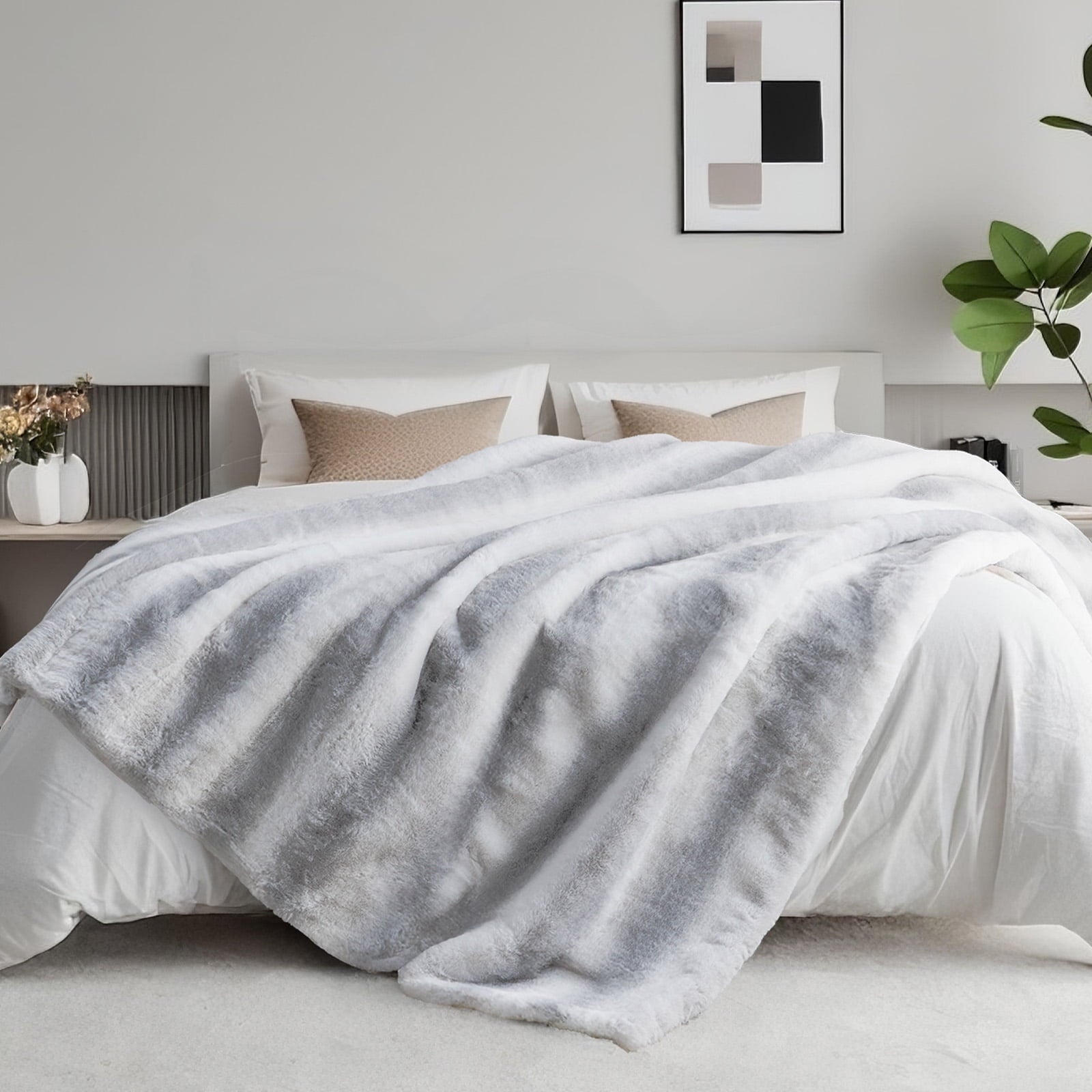 Decorative Knitted Luxury Faux Fur Throw Blanket for Bed Super Thick Warm Fuzzy Blankets for Bedroom Living Room, 60" x 80", White - Super Soft Reversible Sherpa Flannel Blanket Detail
