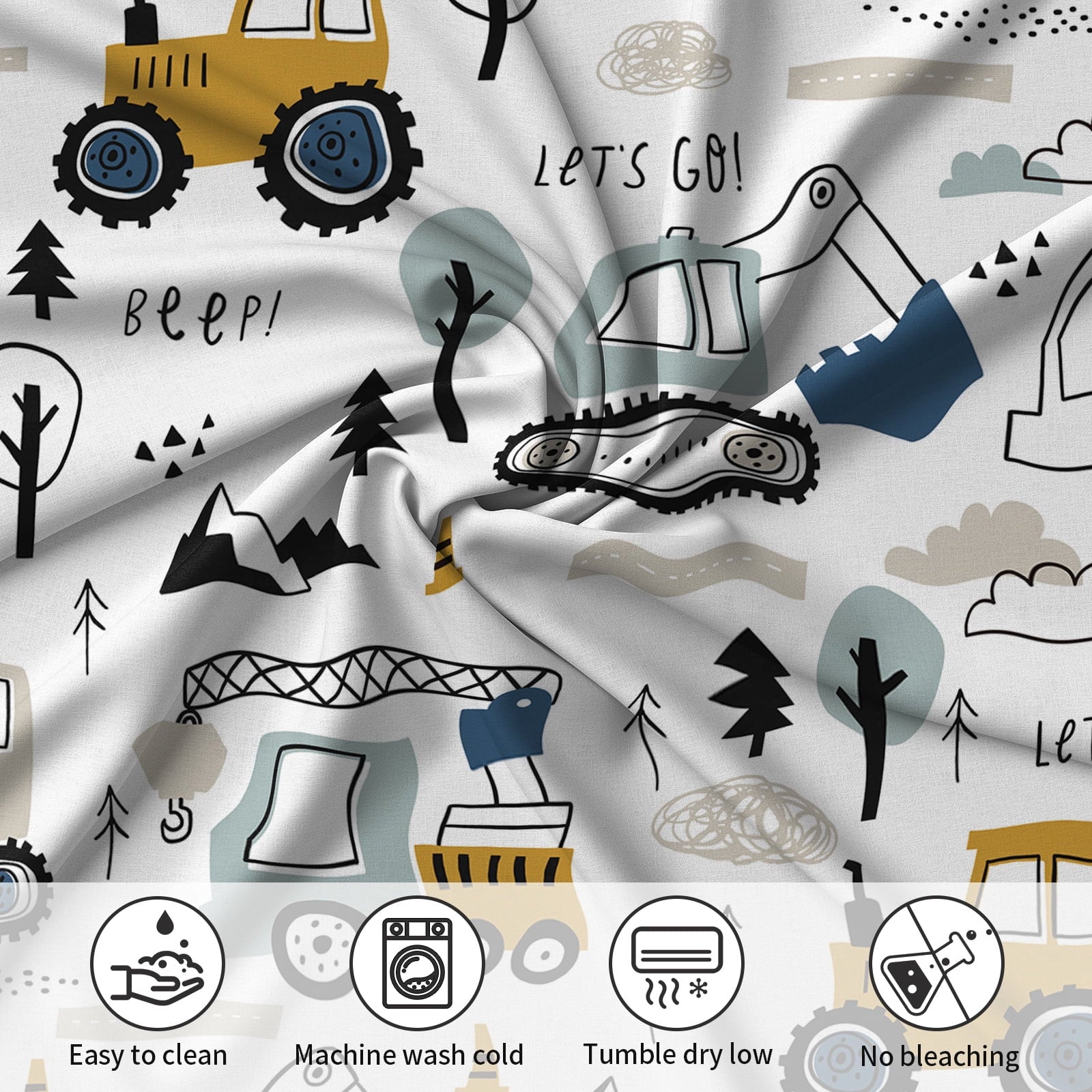 Cooling Sateen Cartoon Excavator Sheet Set for Kids Boys Truck Construction Bedding Set Engineering Vehicle Bed Sheet Sets with 1 Fi... - Breathable Egyptian Cotton Flat & Fitted Sheets Detail
