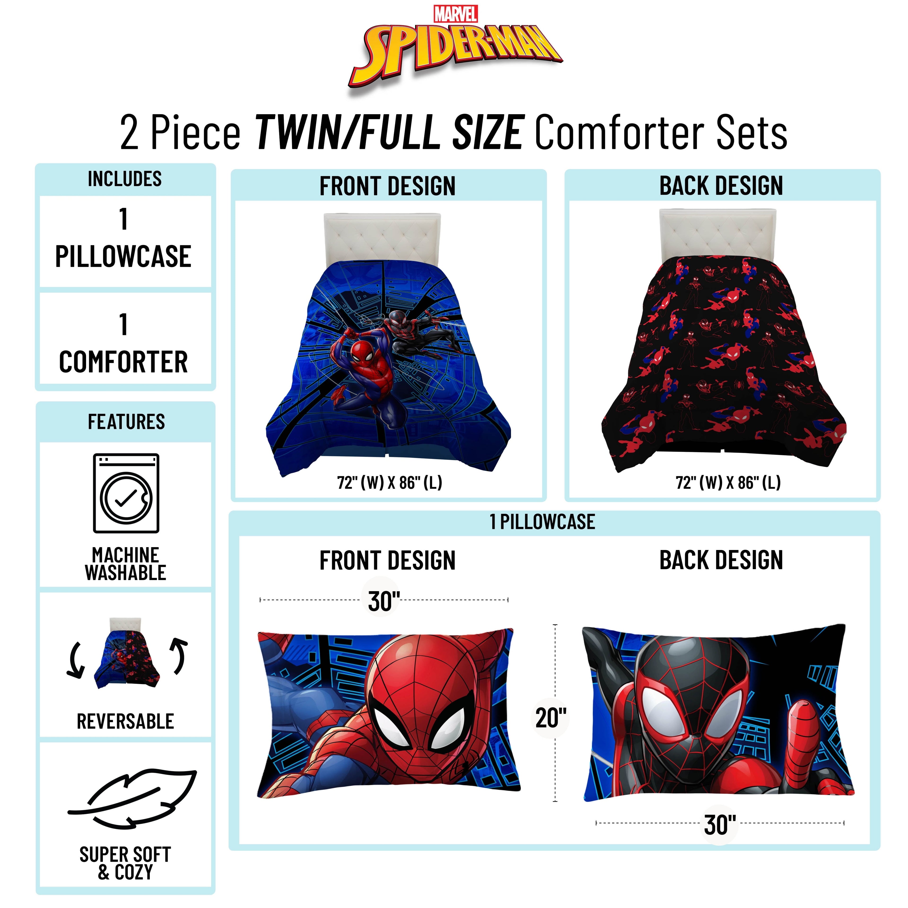 Luxurious Quilted Spiderman Techno City Kids 2 Piece Blue Reversible Comforter and Pillowcase Set, Twin/Full - Cloud-Like Soft Lightweight Bed Comforter Detail