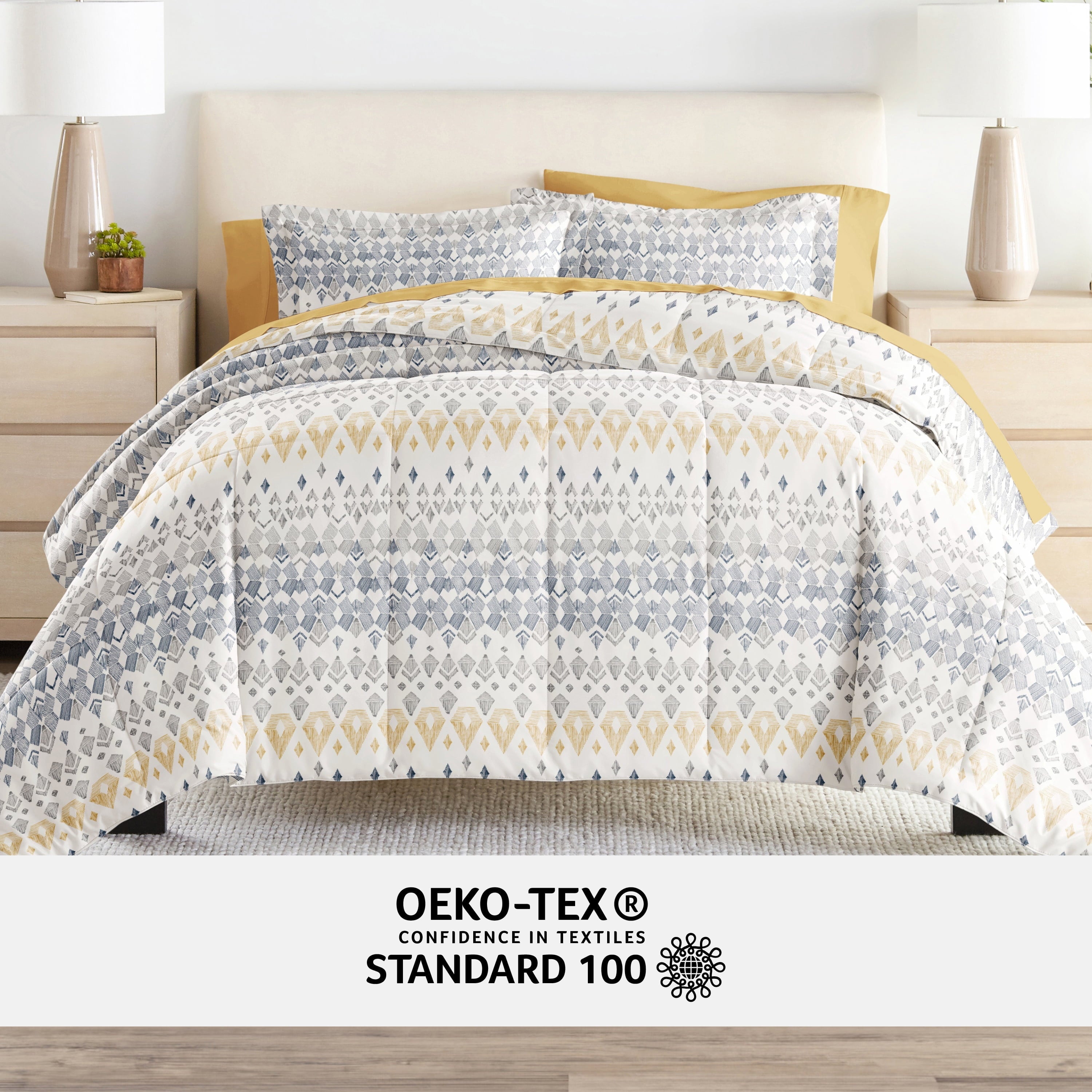 All-Season 7 Piece Bedding Bundle, Microfiber Patterned Comforter and Sheet Set, Queen - Luxurious Quilted Duvet Cover Set Detail