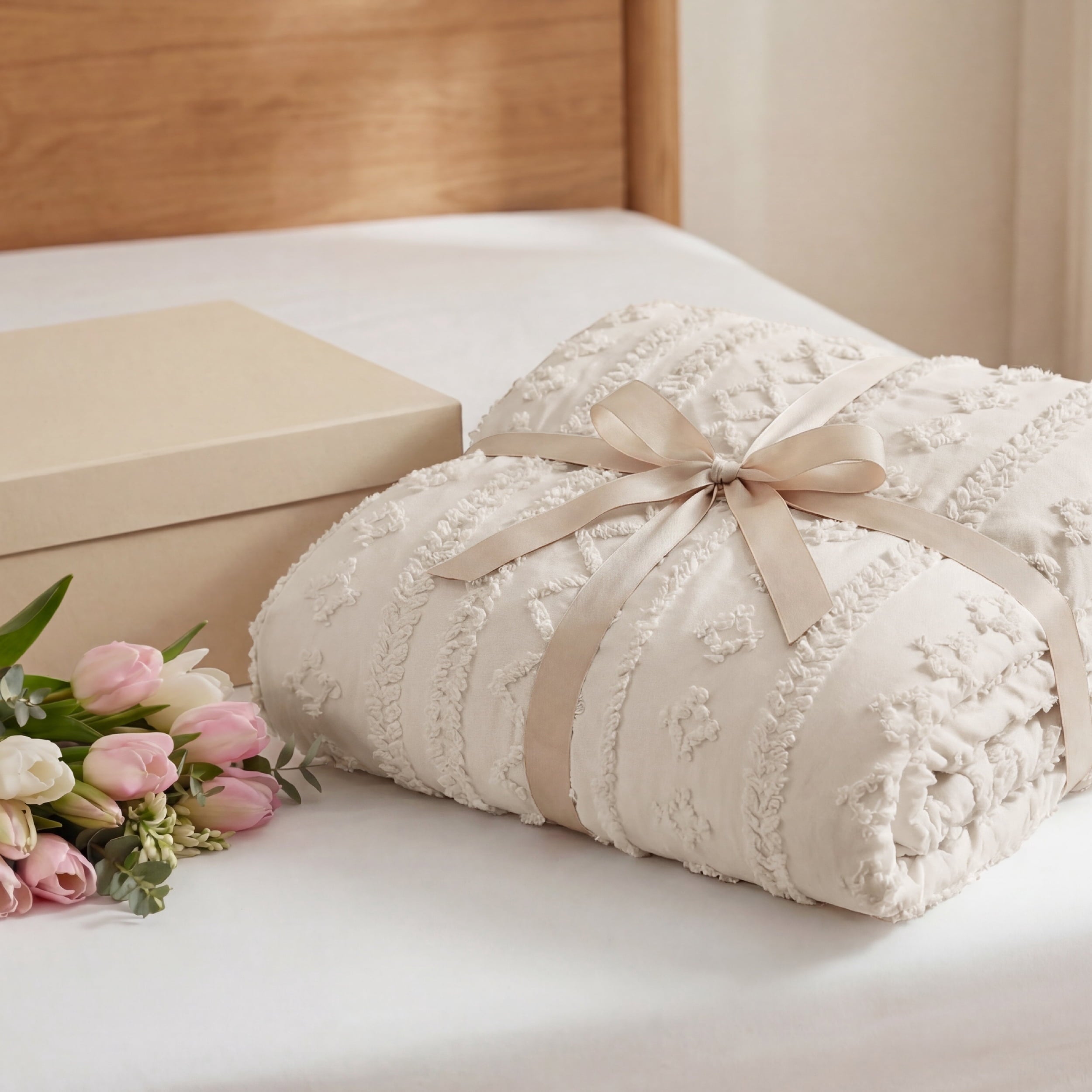 Fluffy Down Alternative Tufted Boho Comforter Set Queen, Beige, 3 Pieces Farmhouse Shabby Chic Embroidery Bedding Set, Soft Jacquard Comforte... - Luxurious Quilted Duvet Cover Set Detail