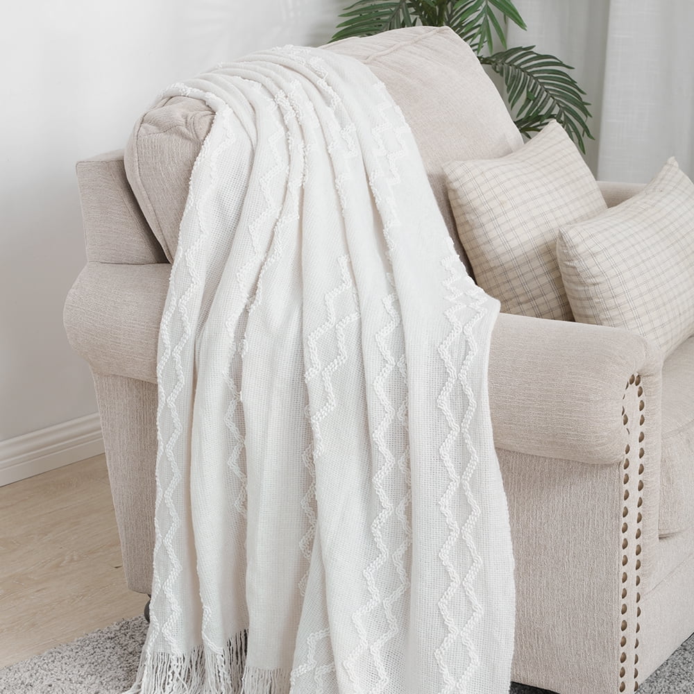 Reversible Sherpa Fluffy Chenille Knitted Fringe Throw Blanket, Lightweight Soft Cozy Bed Sofa Chair Blanket, White, 50" x 60" - Super Soft Reversible Sherpa Flannel Blanket Detail