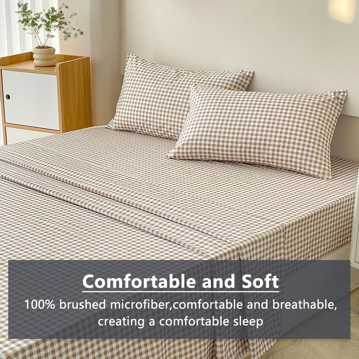 Breathable Luxury Sheet Set, Soft Brushed Microfiber Taupe Plaid Sheets, 4-Piece Brown Grid Set with Deep Pocket - Breathable Egyptian Cotton Flat & Fitted Sheets Detail