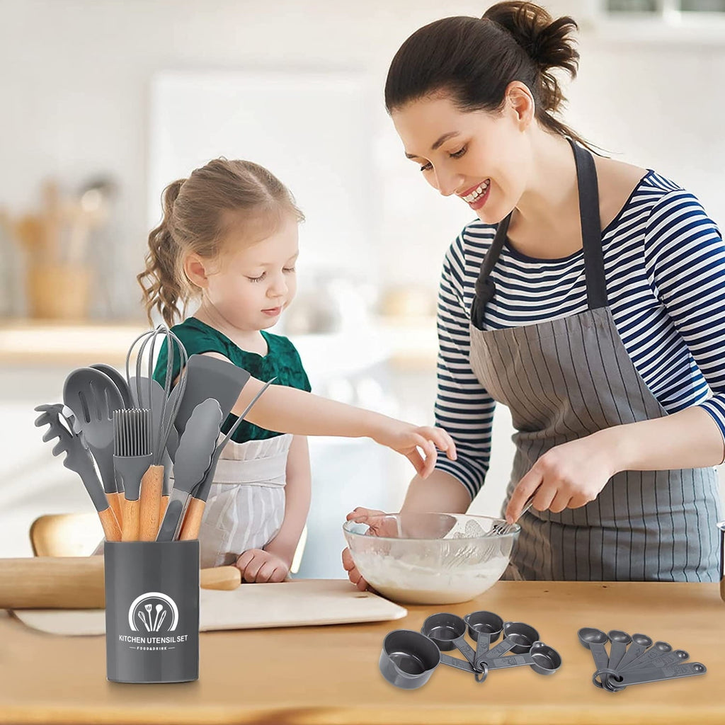 Premium Silicone Silicone Cooking Utensils Set, 446°F Heat Resistant Wooden Handle Cooking Kitchen Utensils Spatula Set with Holder fo... - Ergonomic Kitchen Tongs and Cooking Spoon Utensil Detail