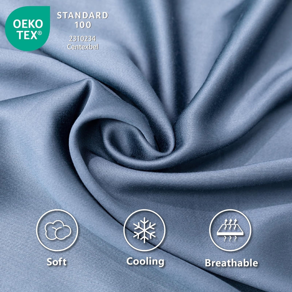 Ultra-Soft Luxury Bamboo Bed Sheets Set Full 4 Pcs for Adult,Soft&Cool,16" Deep Pocket,Blue Gray - Luxury Bed Sheet Set with Deep Pockets Detail