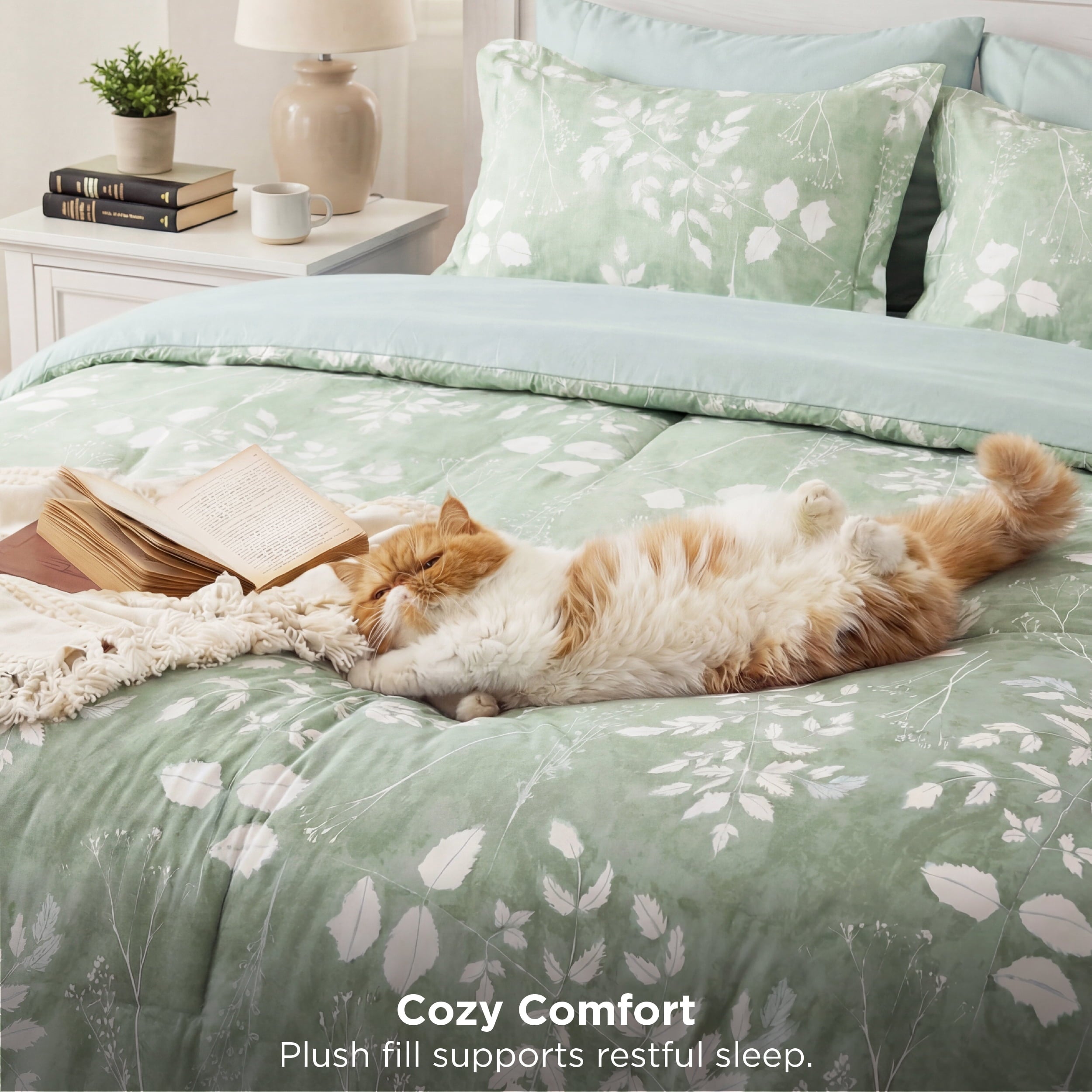 Fluffy Down Alternative Queen Comforter Set Sage Green, Bed in a Bag Queen Size Bedding, 7-Pieces Botanical Flowers Spring Comforter, Sheets,... - Cloud-Like Soft Lightweight Bed Comforter Detail