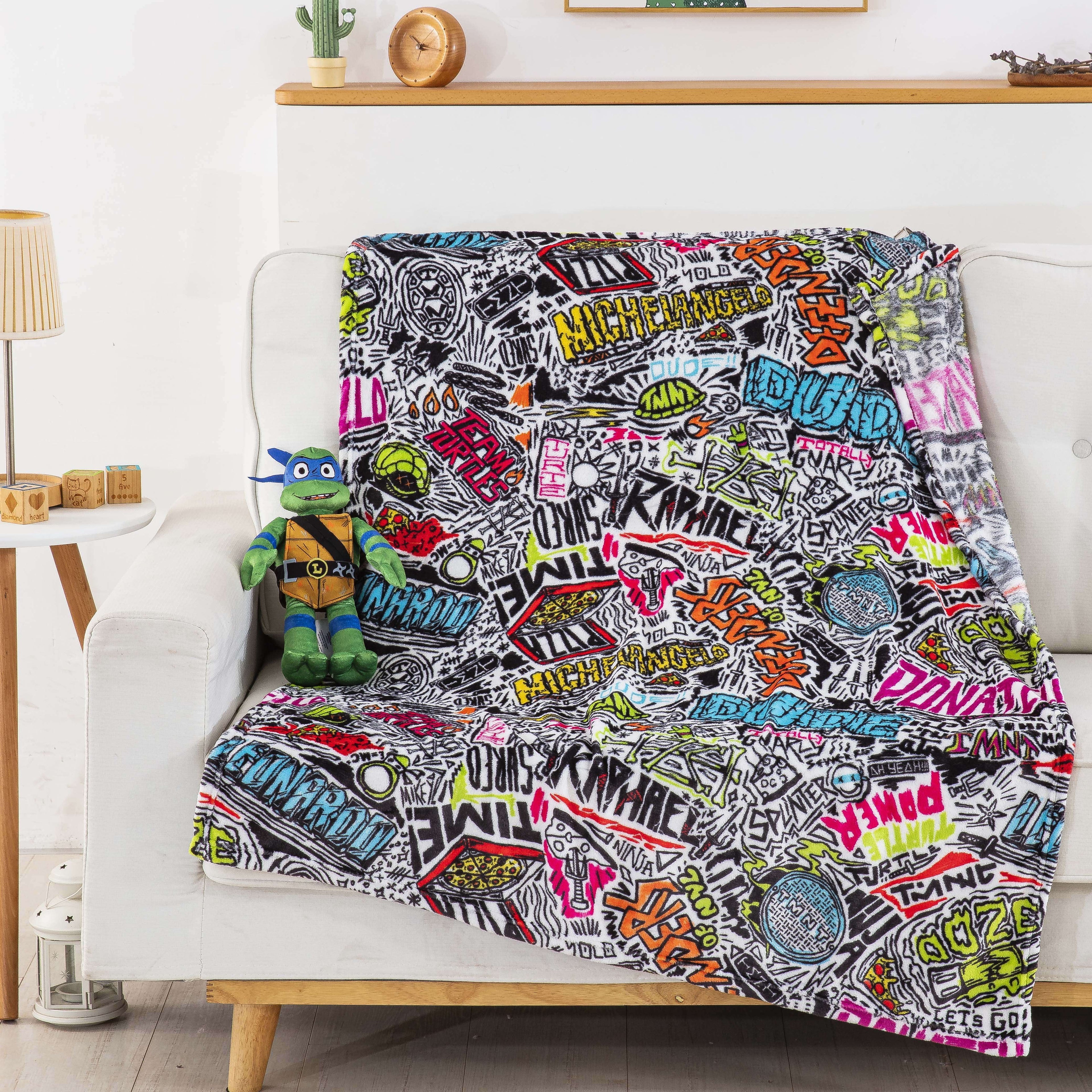 Decorative Knitted Teenage Mutant Tutles Sketched Out Kids Silk Touch Throw Blanket with Plush Hugger – Ultra Soft Plush Character Pillo... - Lightweight Plush Warm Blanket for All Seasons Detail