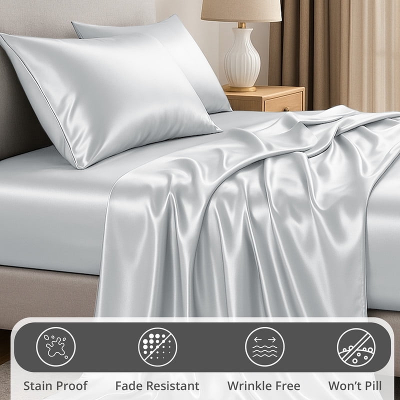 Ultra-Soft Lux Decor Luxury Satin Sheets King Size - 4 Piece Cooling Bed Sheet Set, Silky Soft & Smooth, Deep Pockets up to 15",... - Luxury Bed Sheet Set with Deep Pockets Detail
