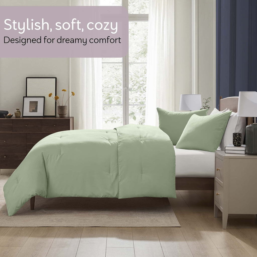 Fluffy Down Alternative Comforter Sets, All Season Lightweight Solid Queen Comforter Set, 3-Pc Bedding Sets, Sage Green - Cloud-Like Soft Lightweight Bed Comforter Detail