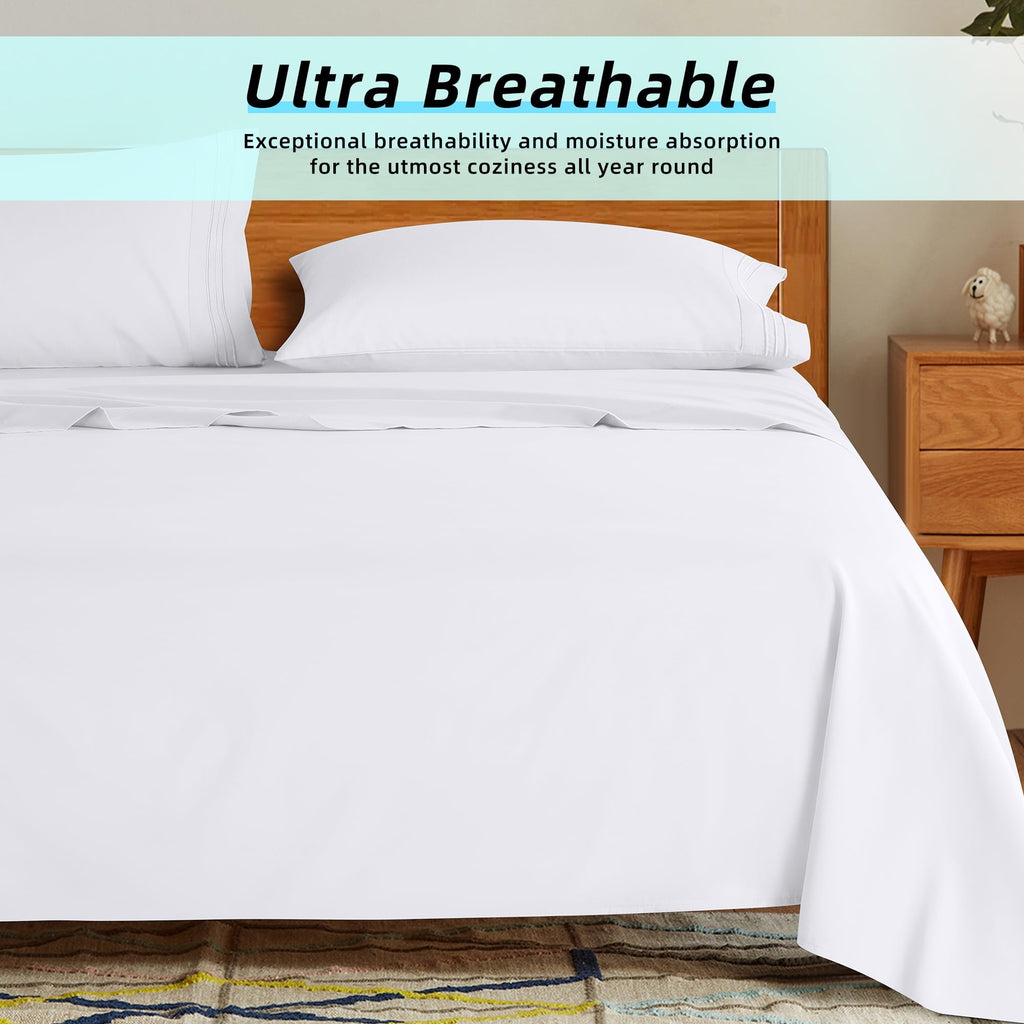 Wrinkle-Resistant Bed Sheets Set, Microfiber Deep Pocket 4 Pieces Luxury Soft Sheet Set, Queen, White - Premium Ultra-Soft Pillowcase Pair for Sleeping Detail