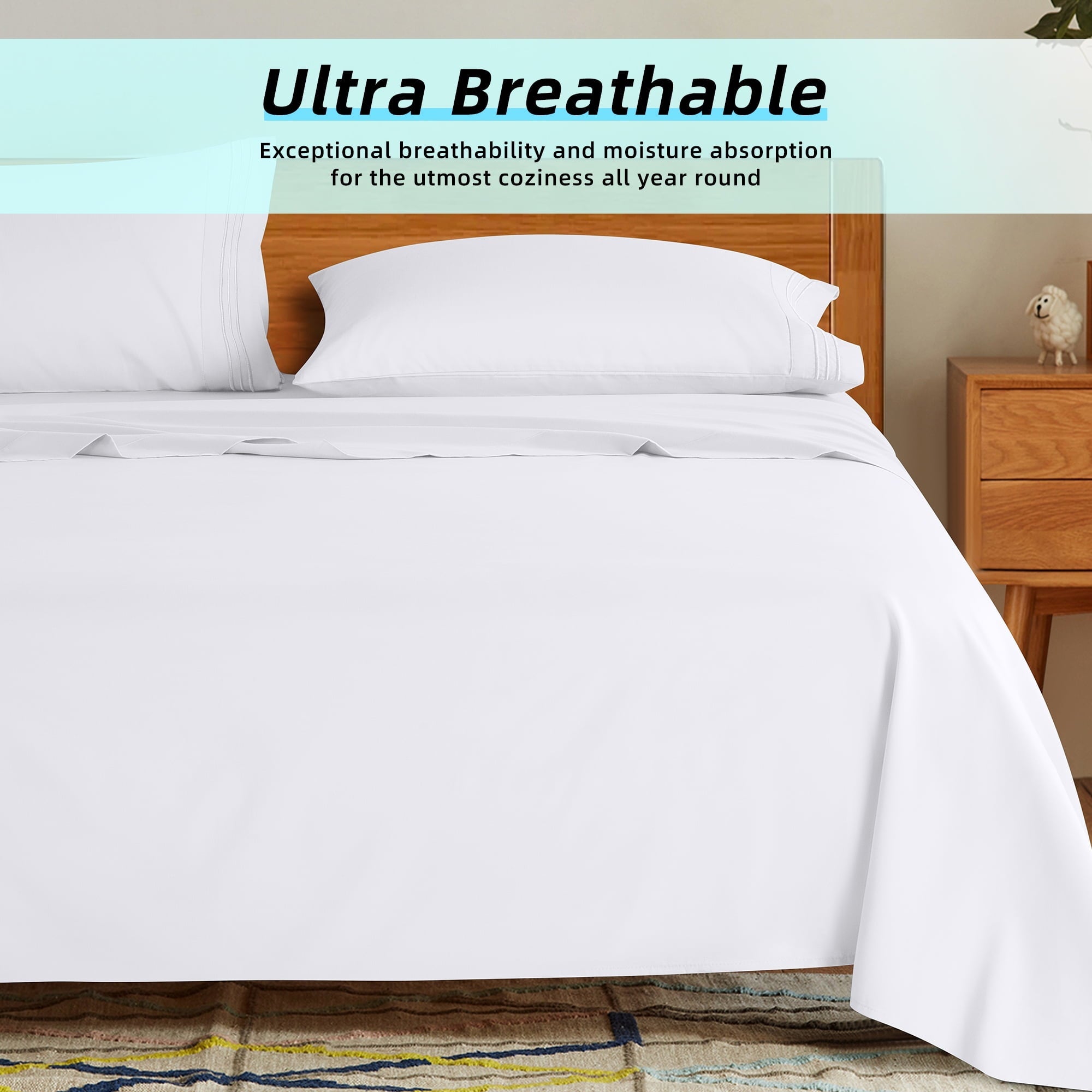Wrinkle-Resistant Bed Sheets Set, Microfiber Deep Pocket 4 Pieces Luxury Soft Sheet Set, Queen, White - Premium Ultra-Soft Pillowcase Pair for Sleeping Detail