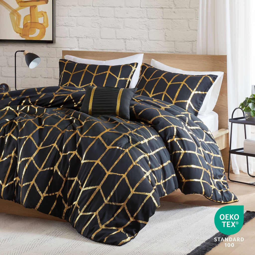 Heavyweight Warmth Full/Queen Size Comforter Set, 4-Piece Bedding Set for All Seasons, Geometric Metallic Comforter Bed Set with Decor P... - Luxurious Quilted Duvet Cover Set Detail