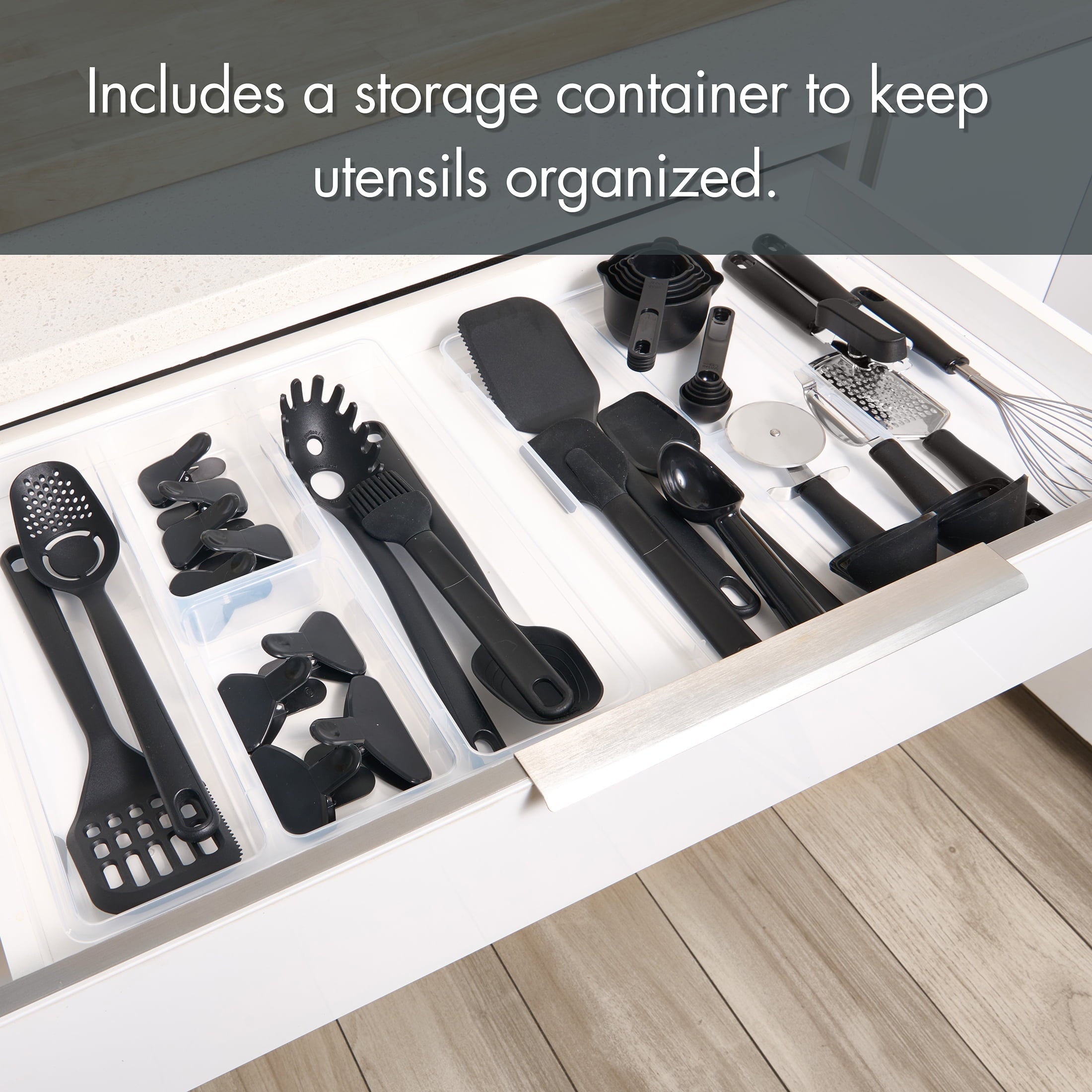 Seamless One-Piece 36 Piece Kitchen Gadget Set with Kitchen Cooking Utensils, and Drawer Organizer, Black - Heat-Resistant Silicone Cooking Spatula Turner Detail