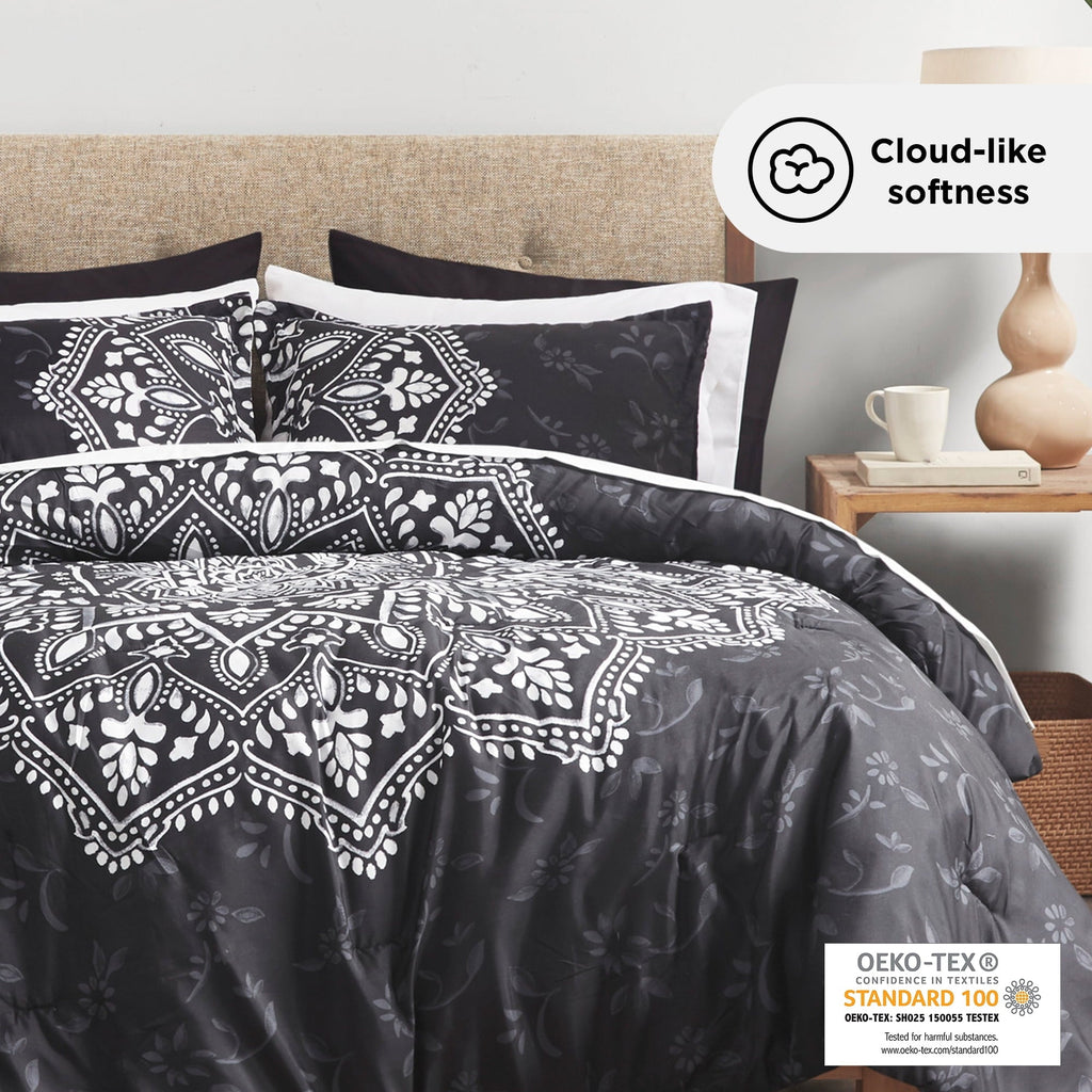 Heavyweight Warmth Queen Comforter Set, Bedding Comforter Set Queen Size W/ Side Pockets, Black, 9 Pieces - Luxurious Quilted Duvet Cover Set Detail