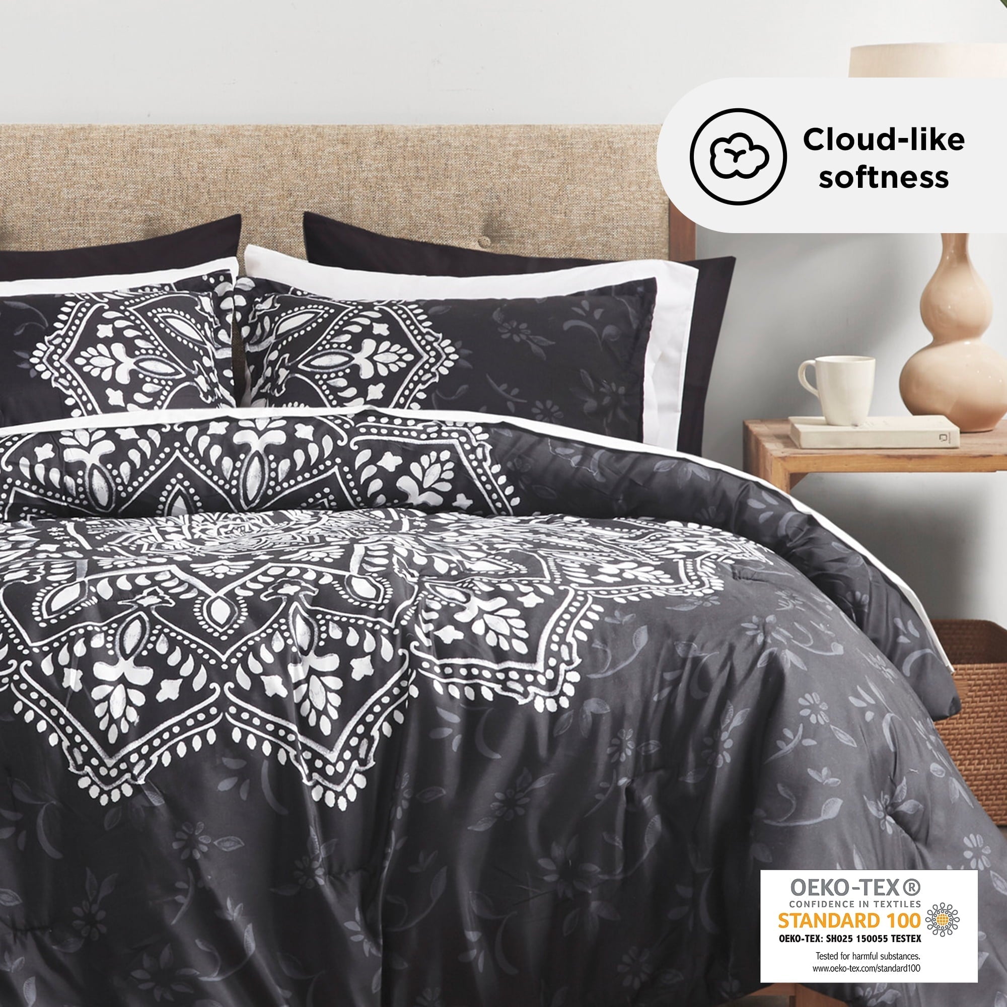 Heavyweight Warmth Queen Comforter Set, Bedding Comforter Set Queen Size W/ Side Pockets, Black, 9 Pieces - Luxurious Quilted Duvet Cover Set Detail