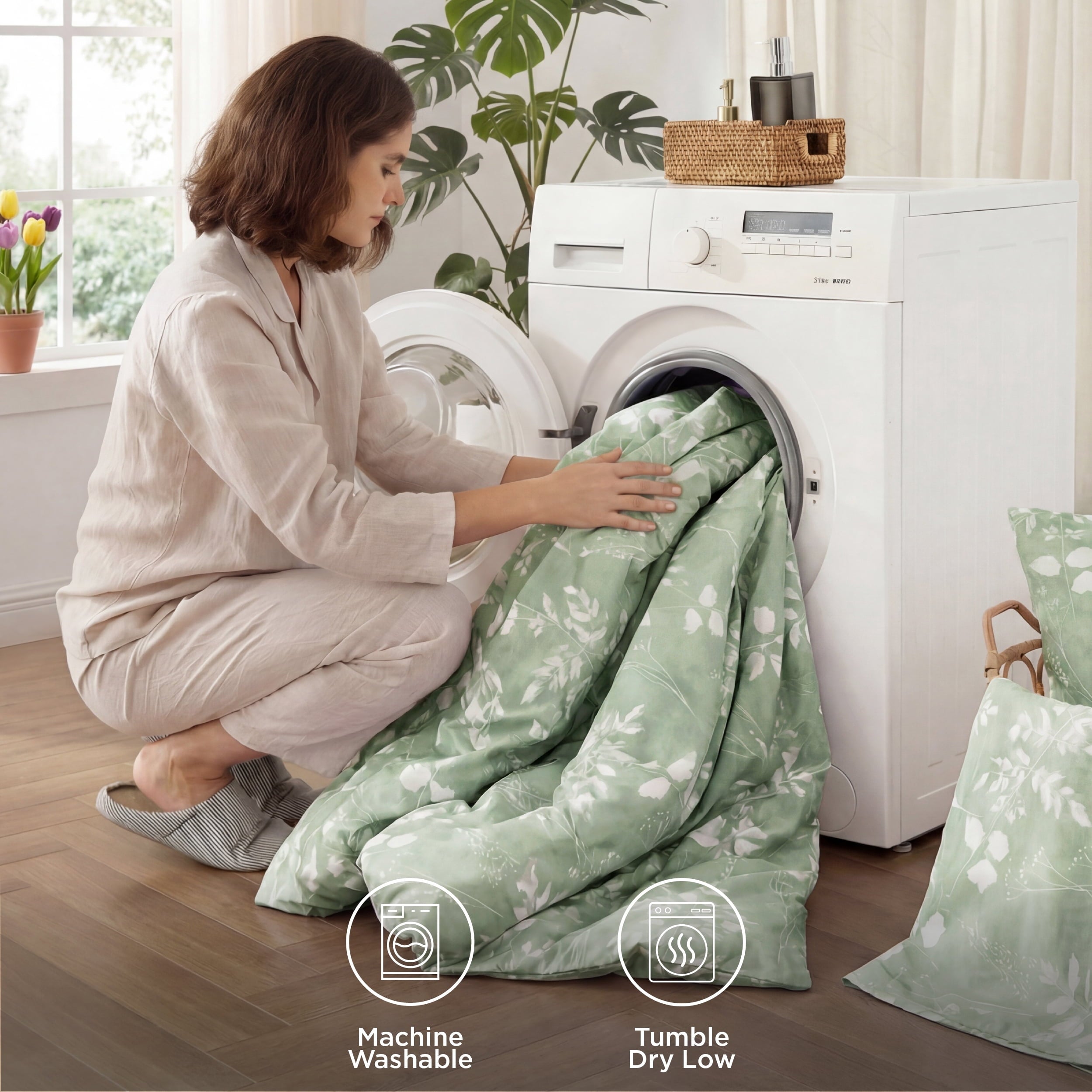 Fluffy Down Alternative Queen Comforter Set Sage Green, Bed in a Bag Queen Size Bedding, 7-Pieces Botanical Flowers Spring Comforter, Sheets,... - Cloud-Like Soft Lightweight Bed Comforter Detail