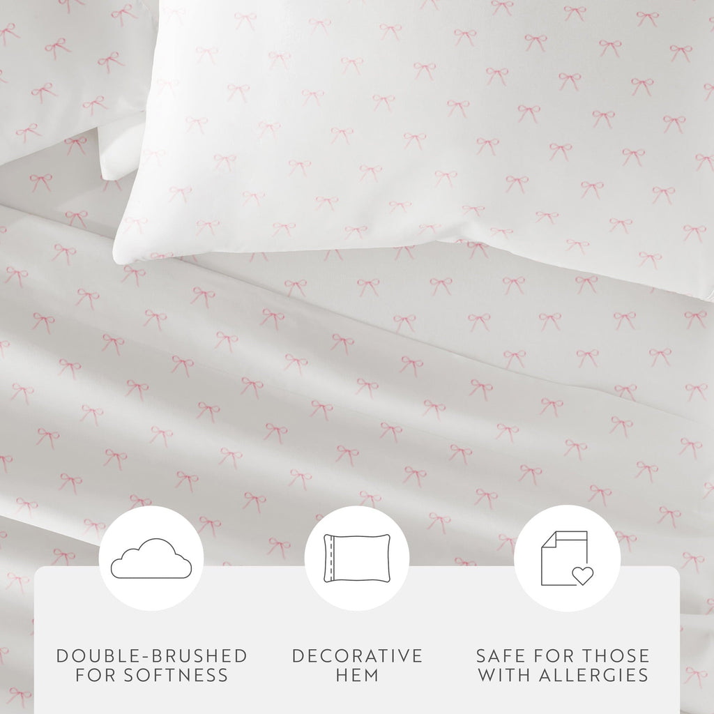 Cooling Sateen 3 Piece Ditsy Pattern Microfiber Bed Sheets, Pink Bows, Twin-XL - Cooling Hotel Quality Bedding Sheets and Pillowcases Detail