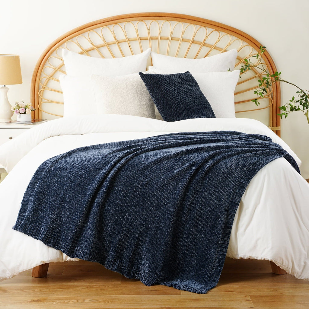 Reversible Sherpa Navy Blue Chenille Throw for Couch Bed,Soft Navy Knit Blanket, Housewarming Gifts, 51"x 67" - Lightweight Plush Warm Blanket for All Seasons Detail